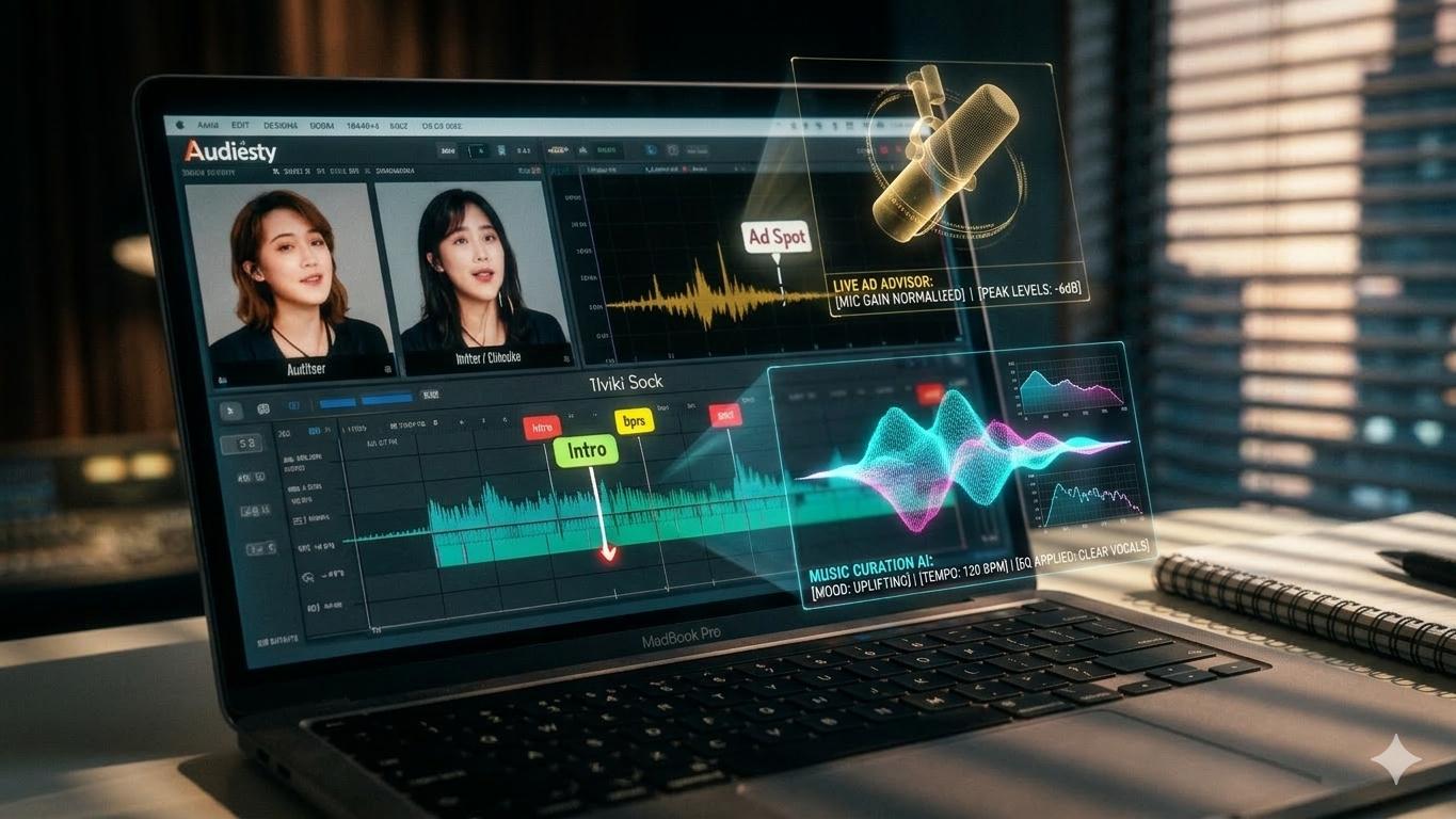 Laptop screen displaying Audacity audio editing software with two women, waveforms, and 'Ad Spot' annotation