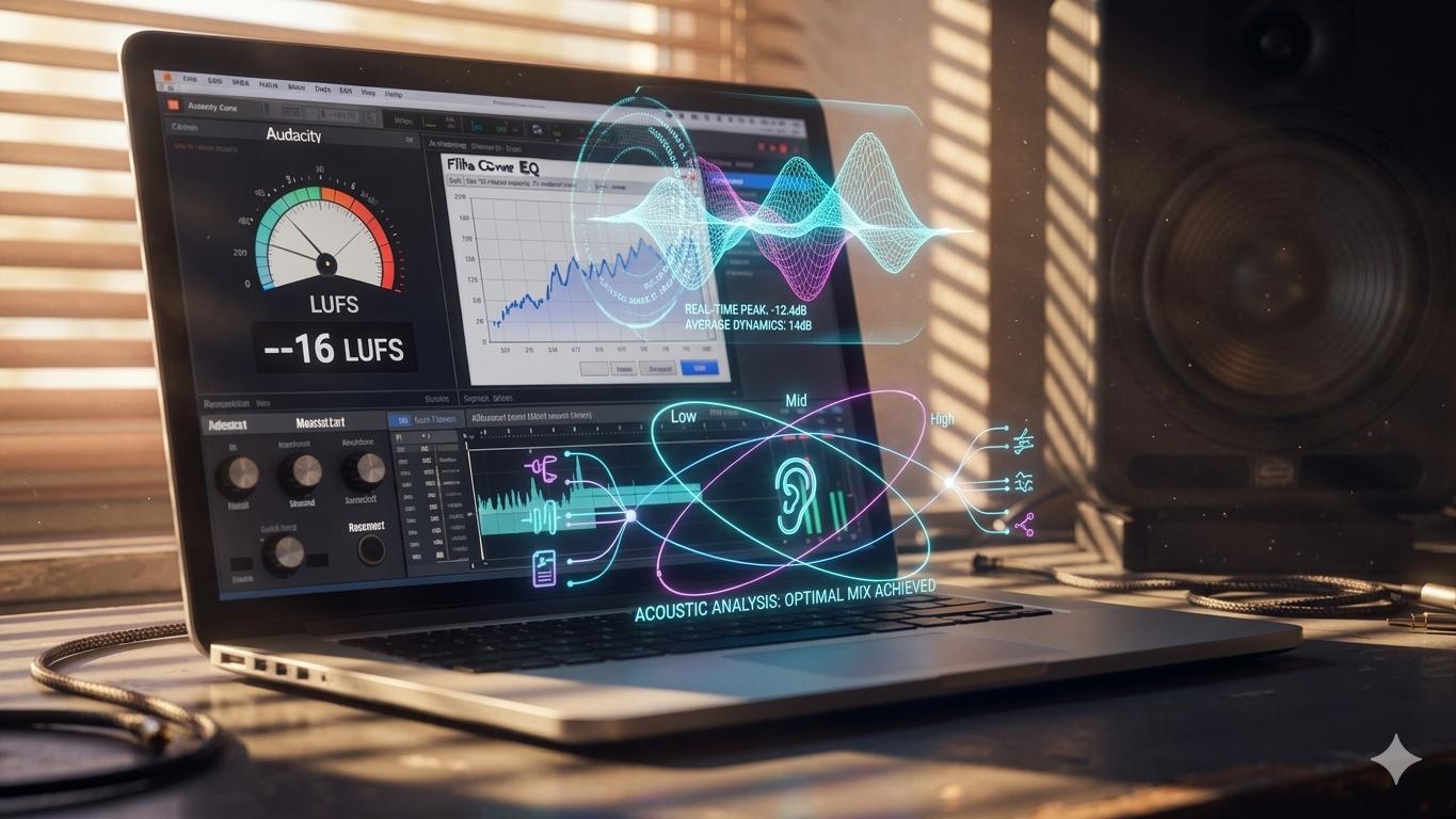 A laptop displaying audio editing software with a loudness meter and EQ graph, next to a studio monitor
