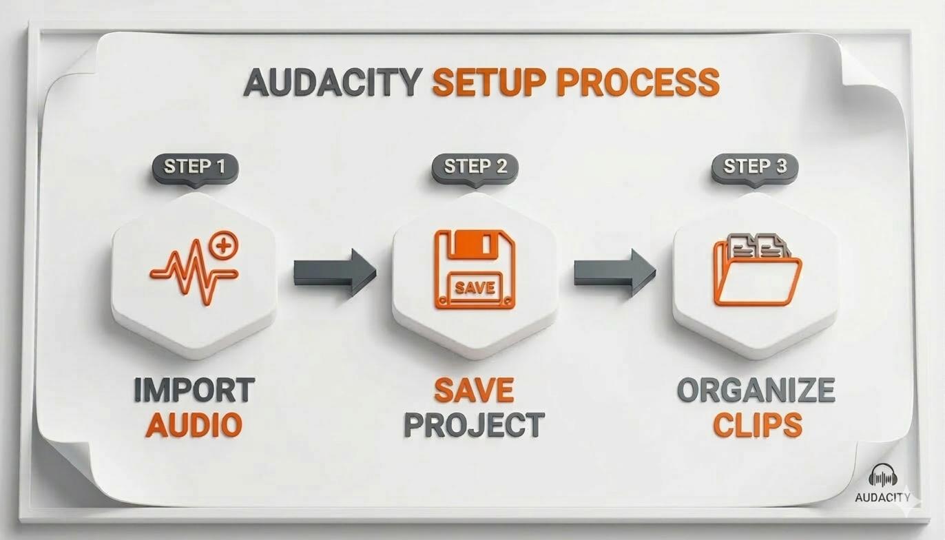 An infographic showing three steps for Audacity setup: import audio, save project, and organize clips