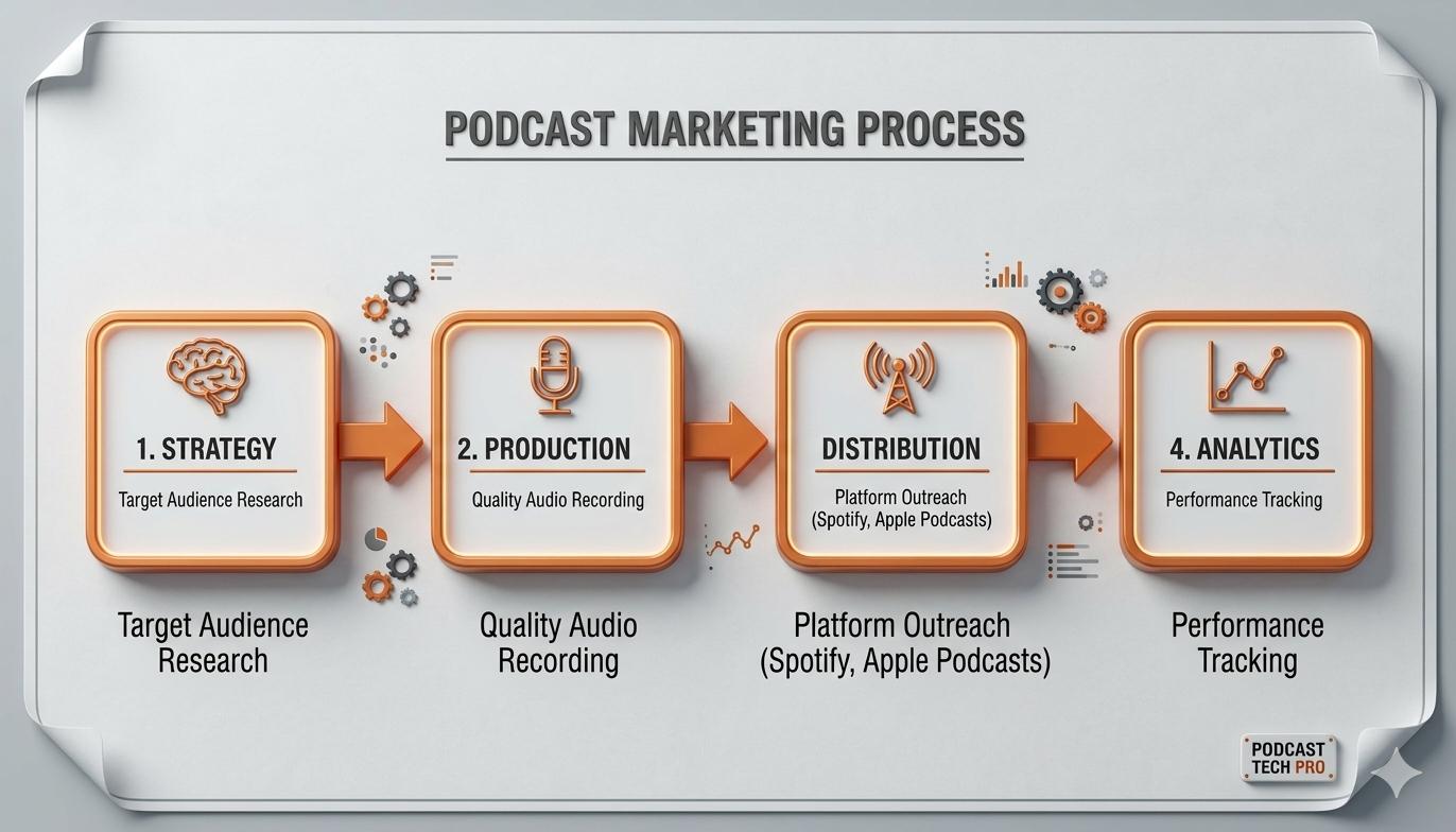 A flowchart illustrating the four steps of the podcast marketing process: Strategy, Production, Distribution, and Analytics