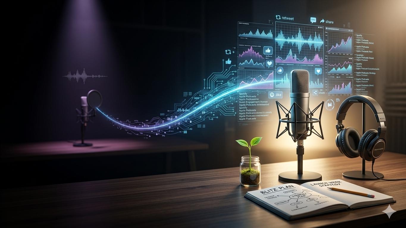 A cinematic studio scene of a glowing digital arc connecting a dim microphone to a bright, high-tech podcast setup with holographic “Launch Week Blitz” visuals