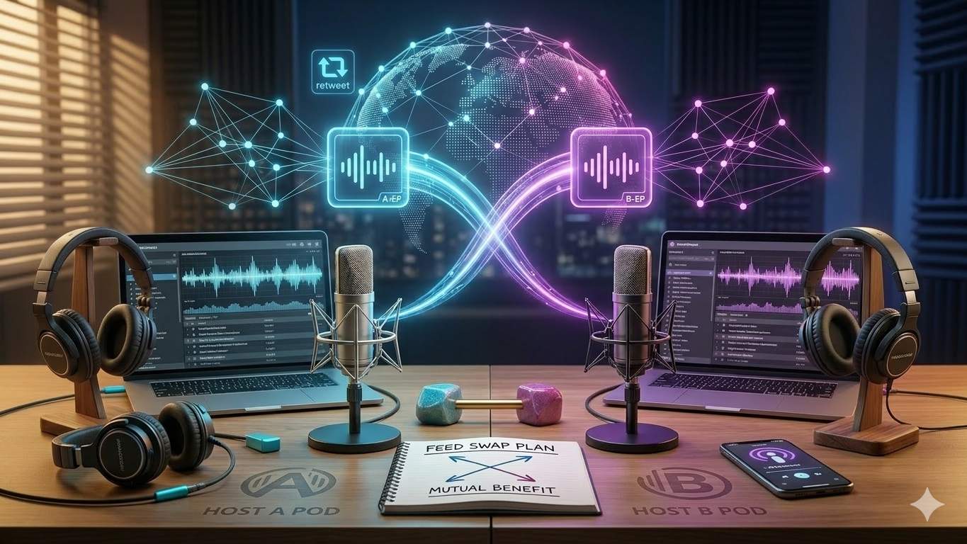 A symmetrical studio scene with two podcast setups and crossing cyan and purple “feed swap” icons above a shared desk with a network hologram