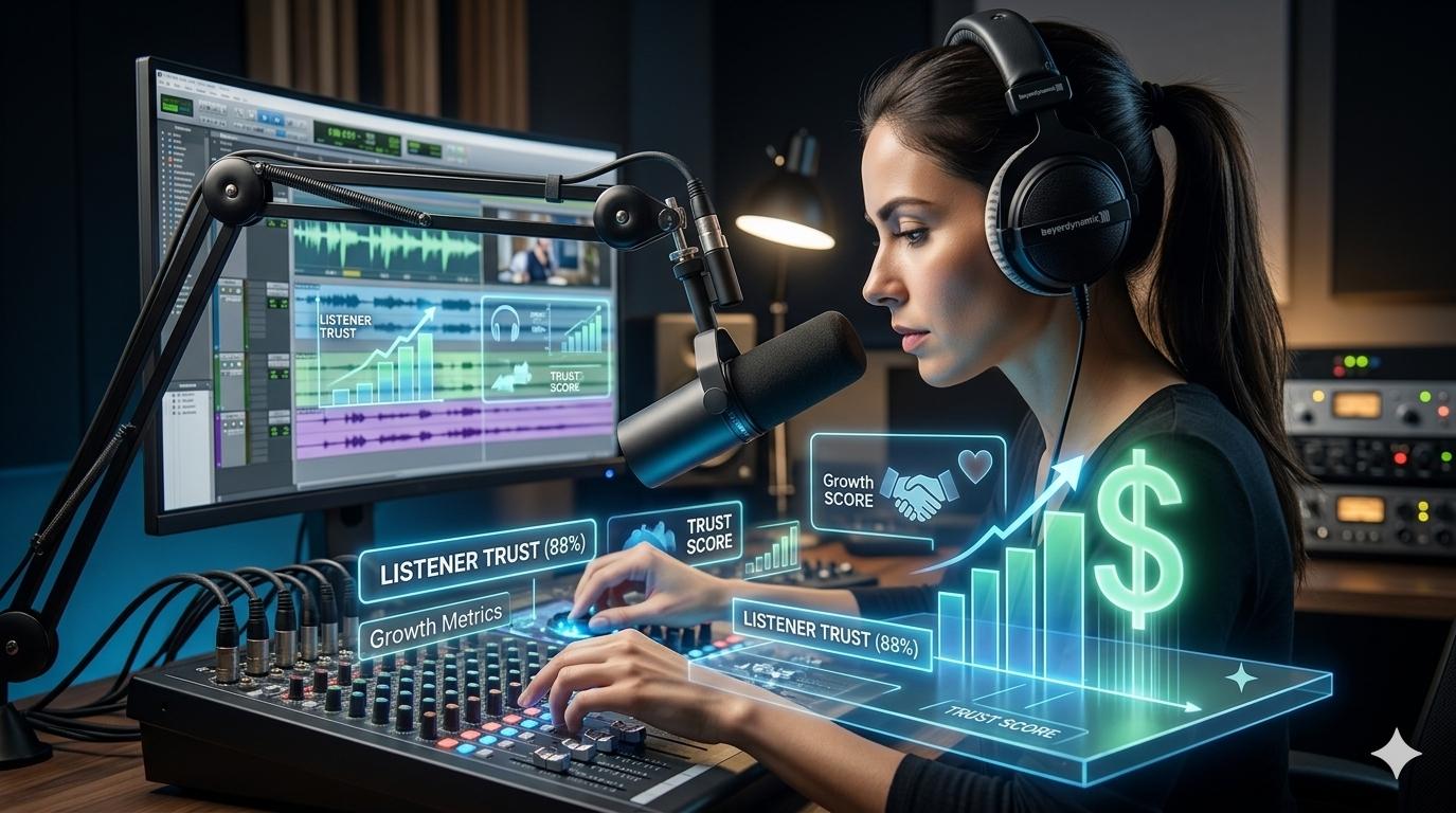 A focused podcaster in a modern home studio adjusts a mixing console while interacting with a holographic interface showing growth metrics, listener trust, and revenue visualizations.