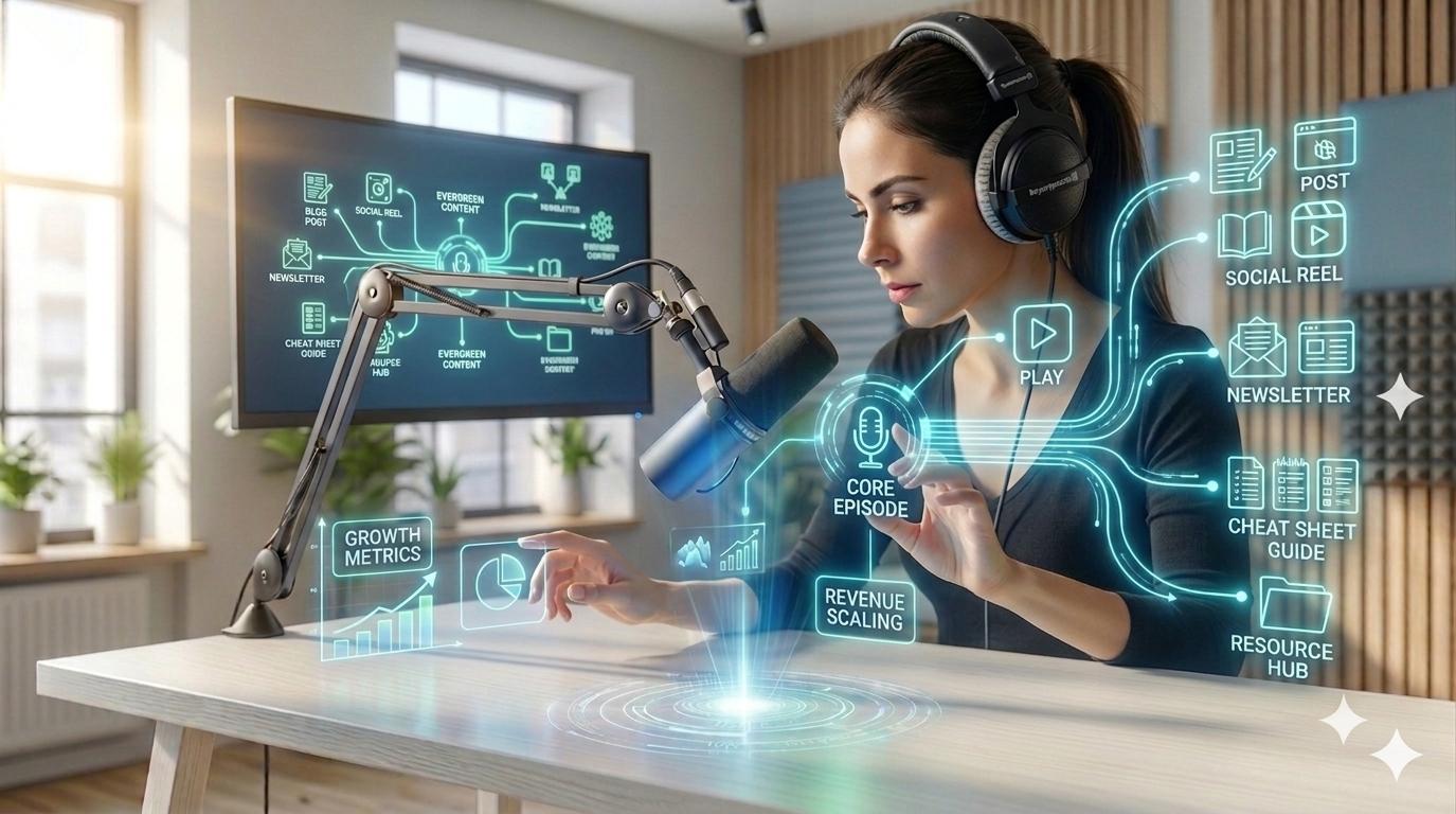 A woman podcaster is in a sunlit modern podcast studio with a central microphone generating blue-green holograms that transform one episode into blog posts, social reels, newsletters, and guides