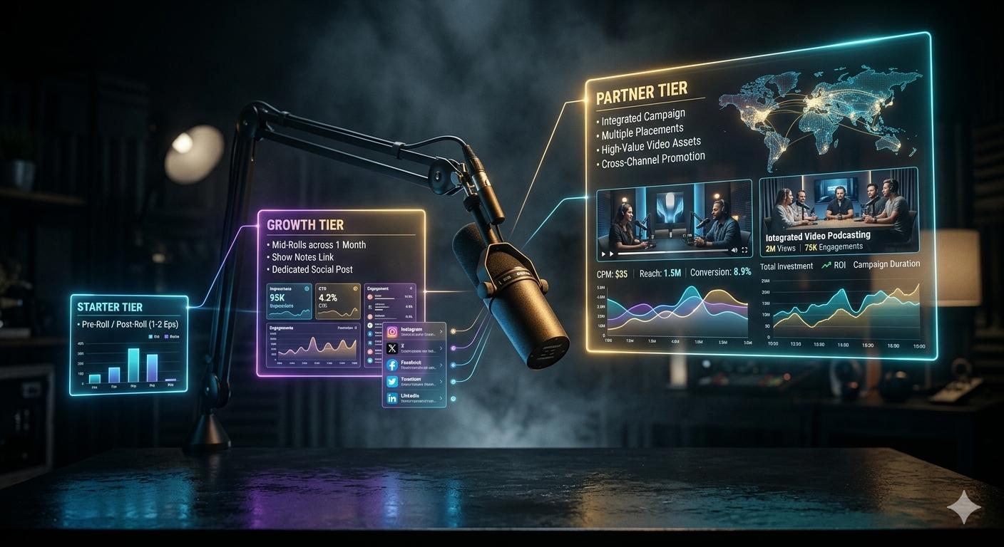 Cinematic studio scene with a premium microphone surrounded by layered holographic tiers (Starter, Growth, Partner) showing increasing complexity and value.