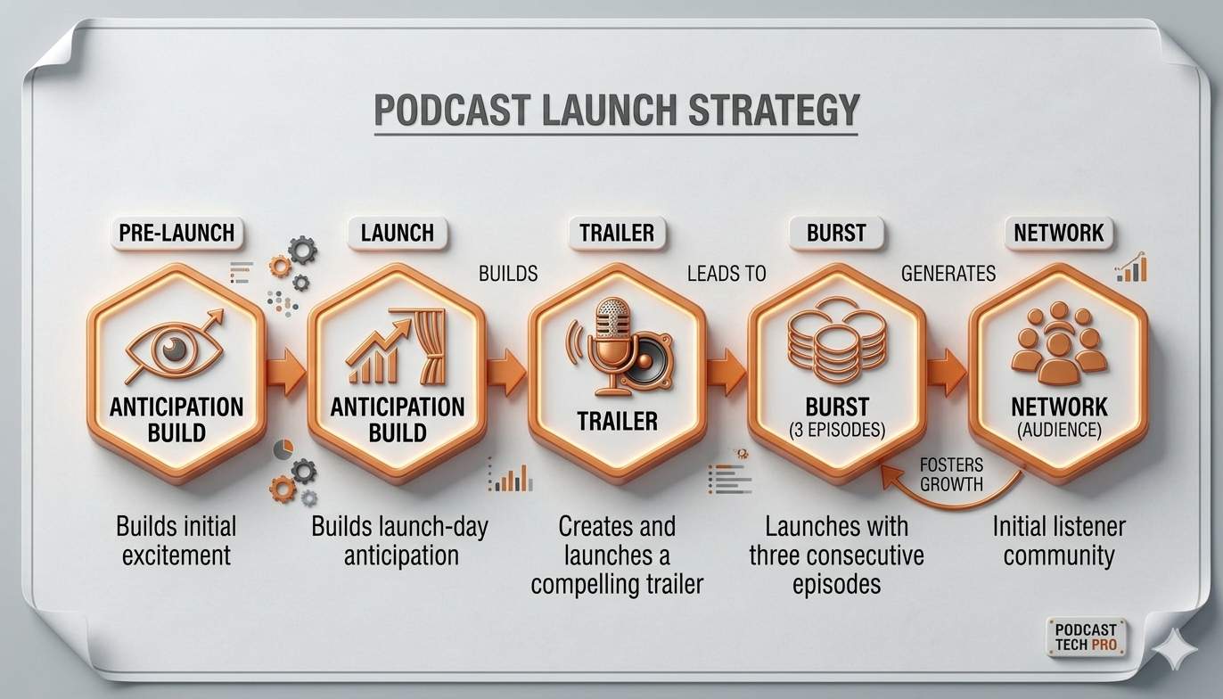 Flowchart illustrating a podcast launch strategy from building anticipation and a trailer to a burst of episodes and audience growth.