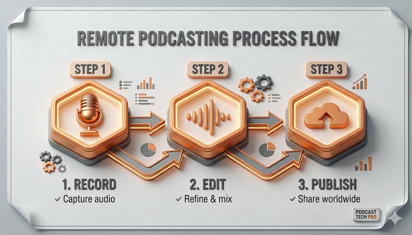 Remote podcasting process flow diagram showing steps: record, edit, and publish.