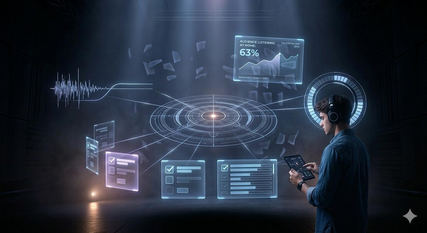 A man in headphones uses a tablet to control various glowing, holographic data interfaces including charts, lists, and audio waves in a dark, atmospheric studio.