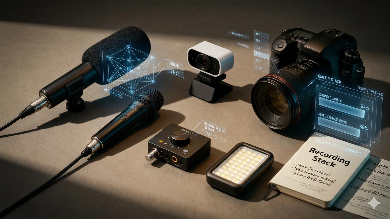 A comprehensive recording setup including microphones, camera, webcam, audio interface, and lighting on a desk.