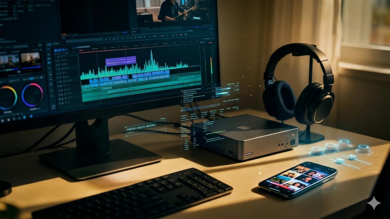 A creative workspace setup with a monitor displaying video editing software, a mini PC, and headphones.