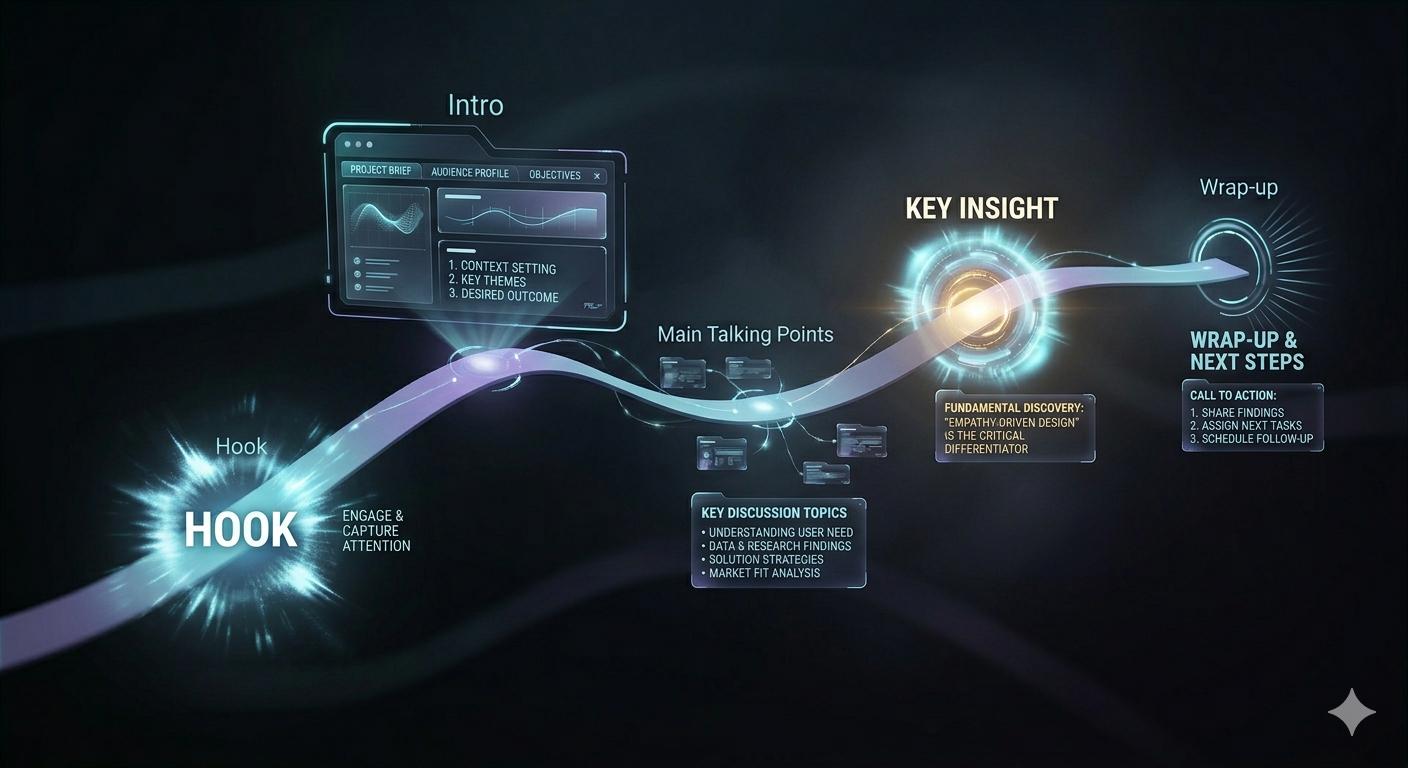 Floating holographic nodes along a glowing path visualizing a structured podcast episode flow from hook to wrap-up.