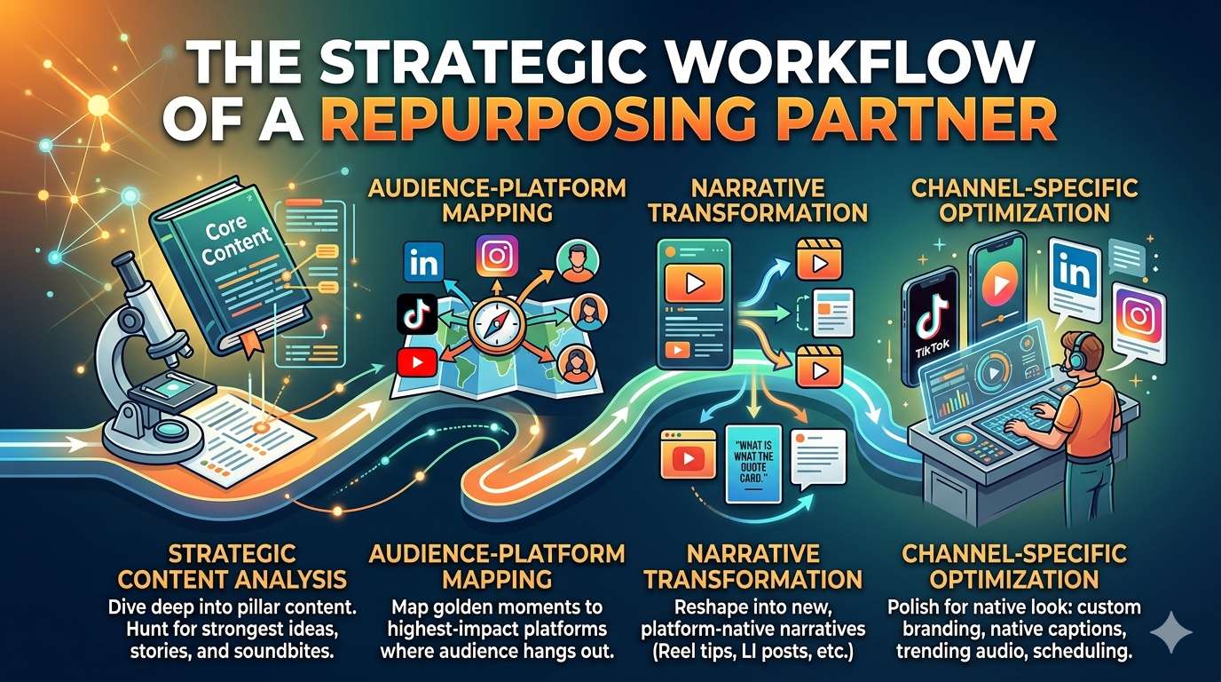 An infographic illustrating a four-stage content repurposing workflow, from strategic analysis to channel-specific optimization.