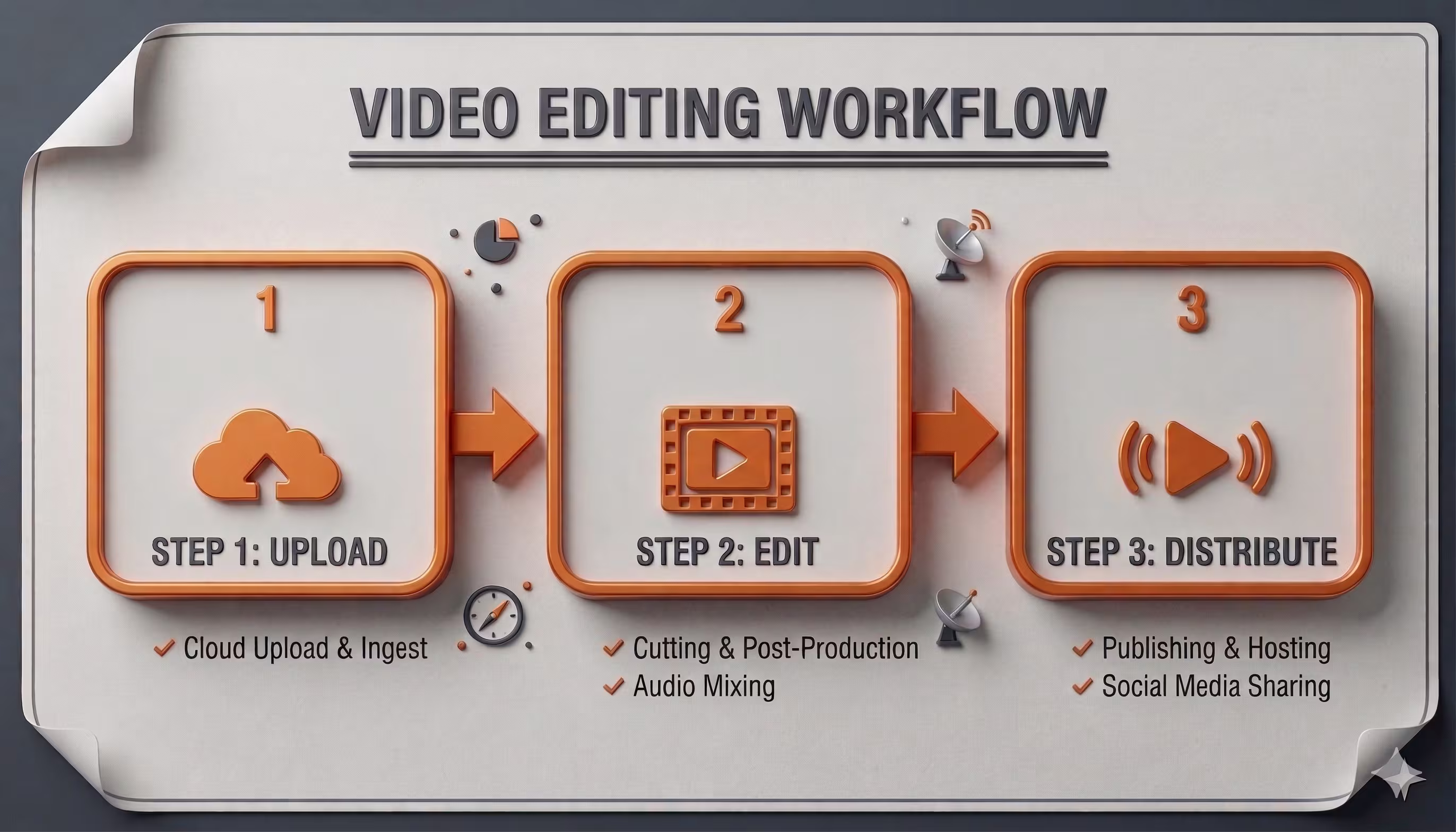 A simple diagram illustrating the three-step video editing workflow: upload, edit, and distribute content.