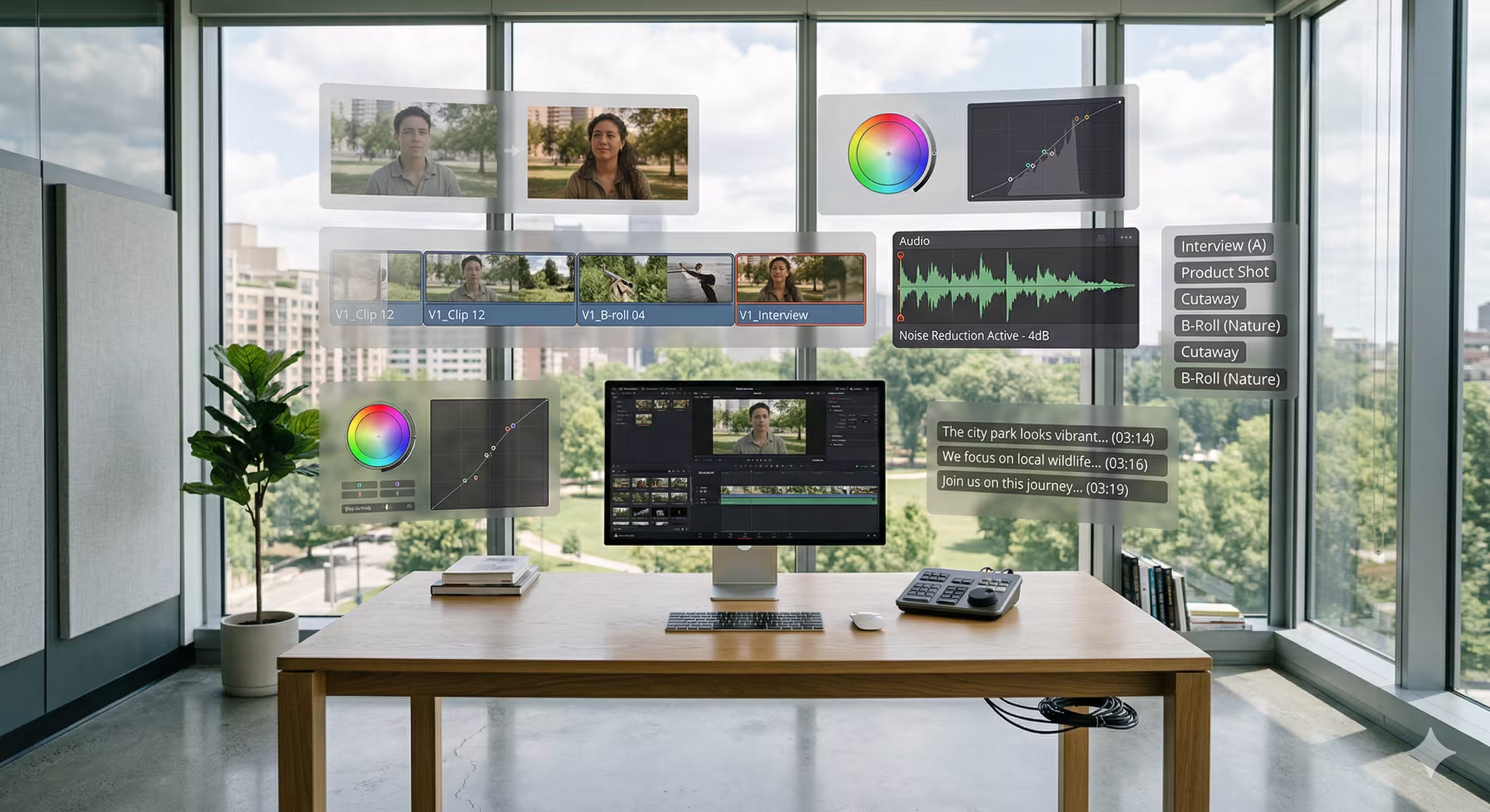 A brightly lit modern editing studio featuring a desk with video editing equipment and floating digital interface layers against a panoramic park view.