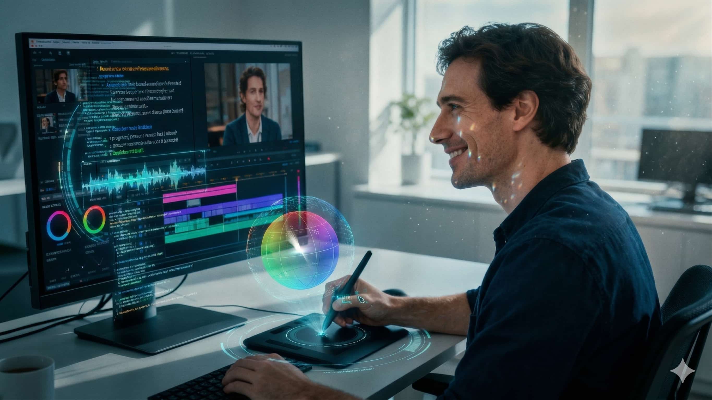 A producer reviews footage on a laptop while AI-powered software displays timelines and analytics on a large monitor in the background.