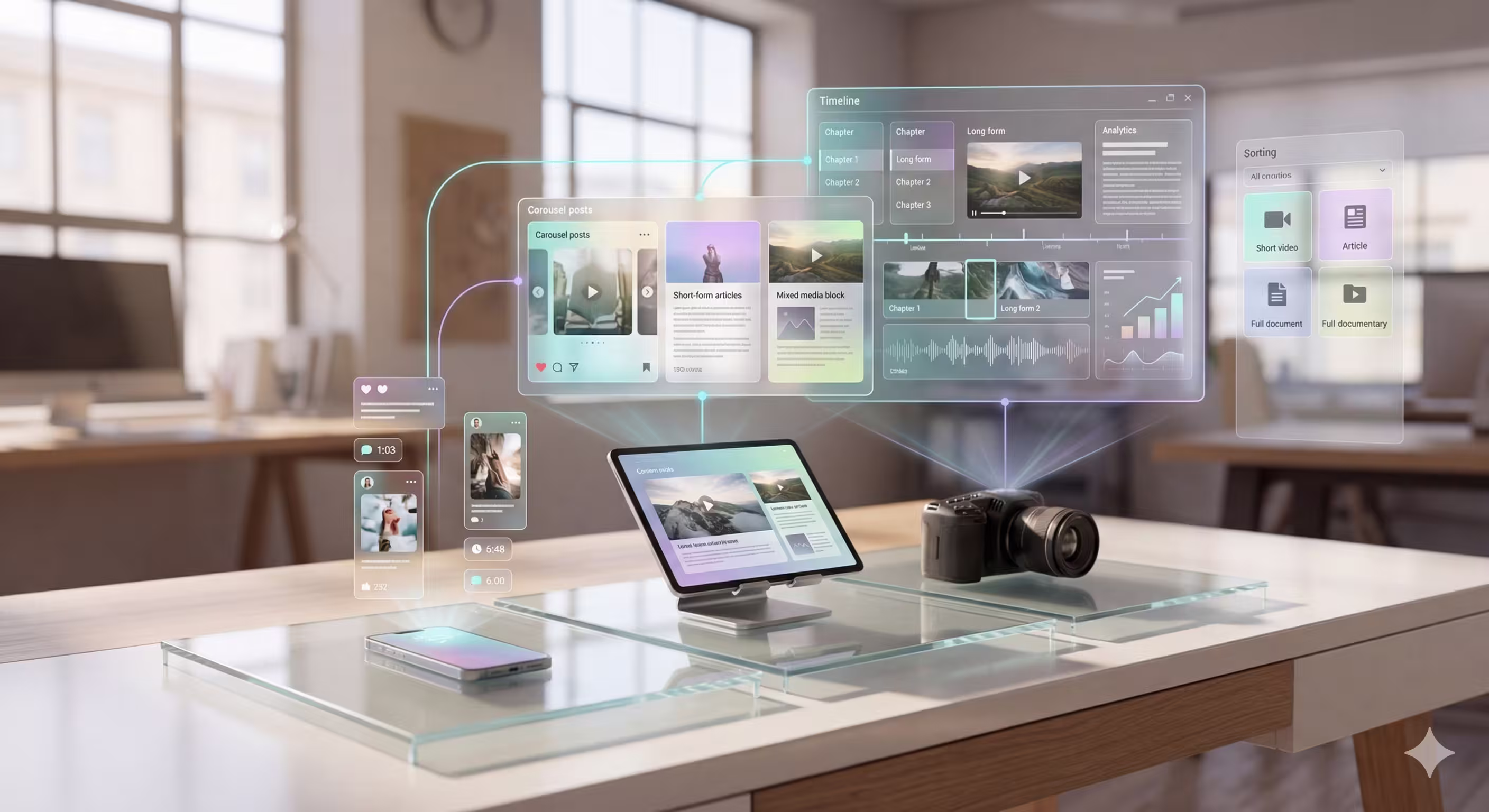 Bright near-future studio with smartphone, tablet, and camera projecting layered holographic content formats arranged by scale and impact.