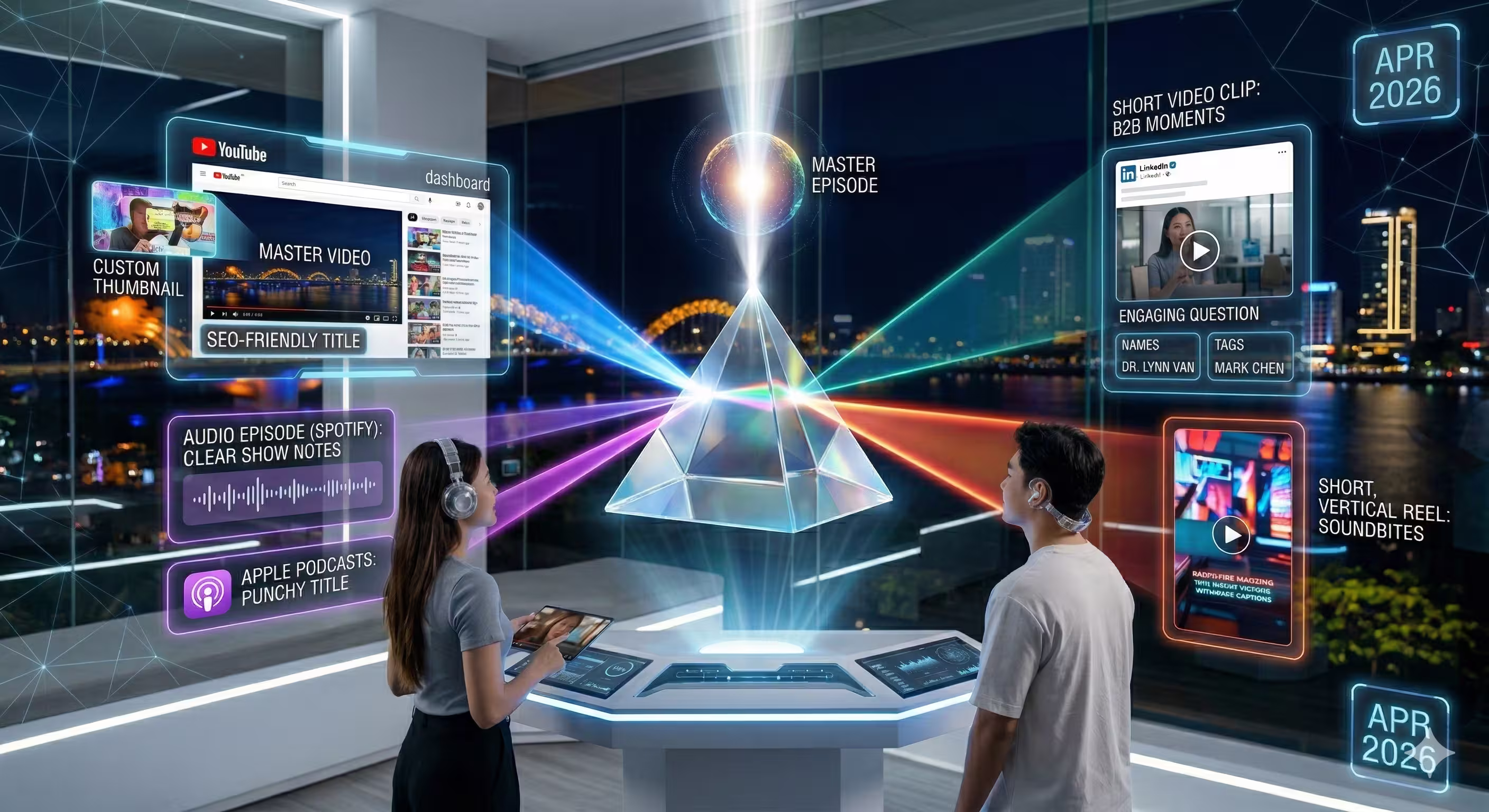 A high-tech digital hub where users process a 'master episode' through a glass pyramid to visualize its distribution into various multi-platform media content.