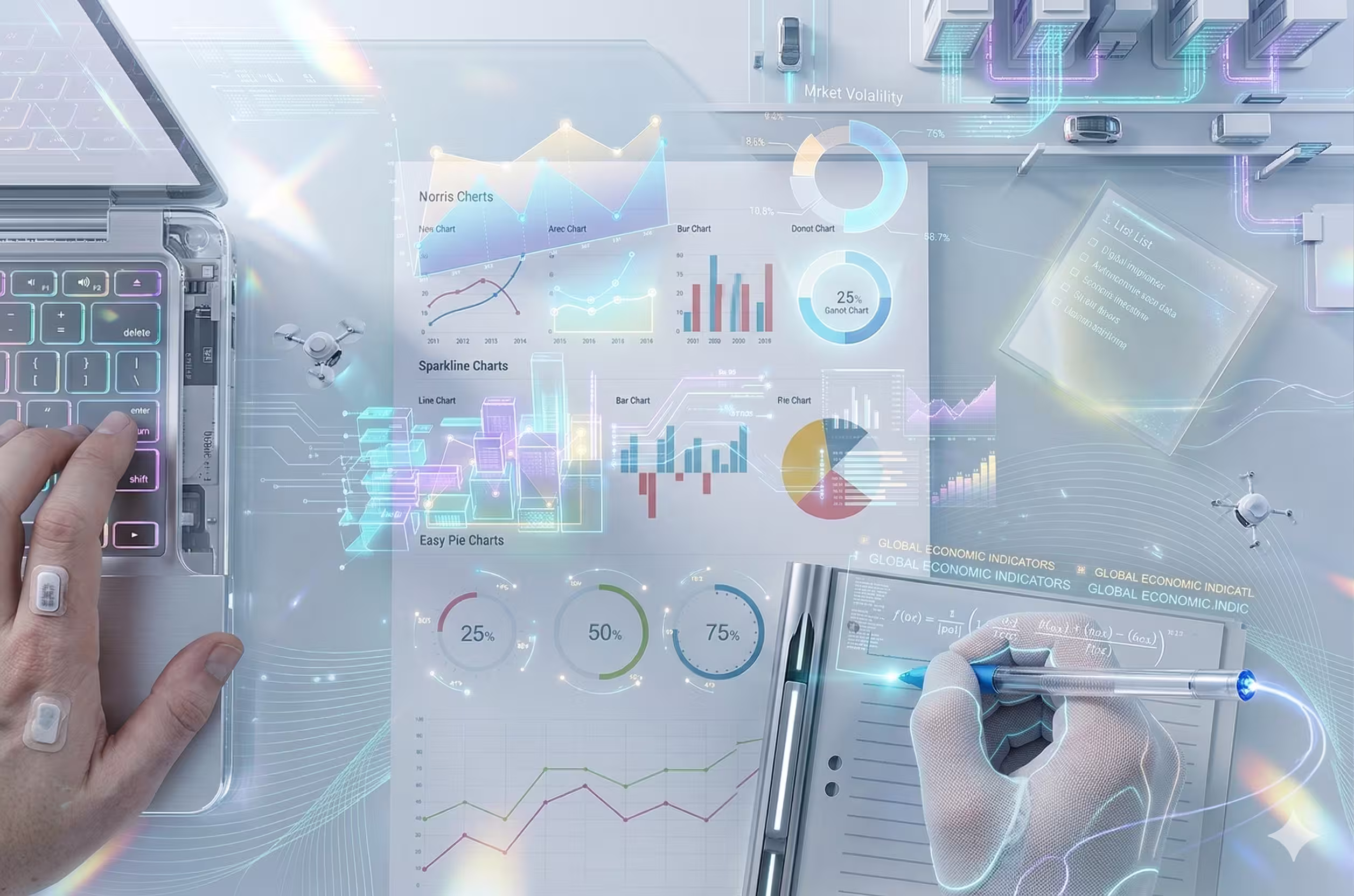 A close-up shot of a person's hands typing on a laptop, with a screen displaying colorful podcast analytics graphs and charts.