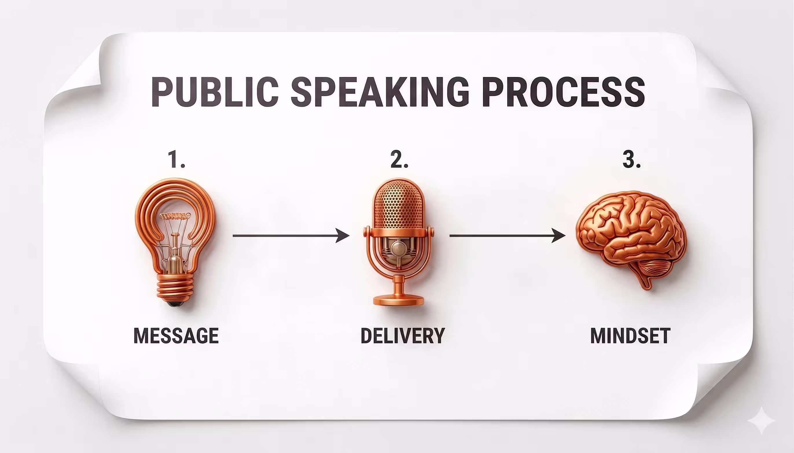 Diagram illustrating the public speaking process with three steps: Message, Delivery, and Mindset.