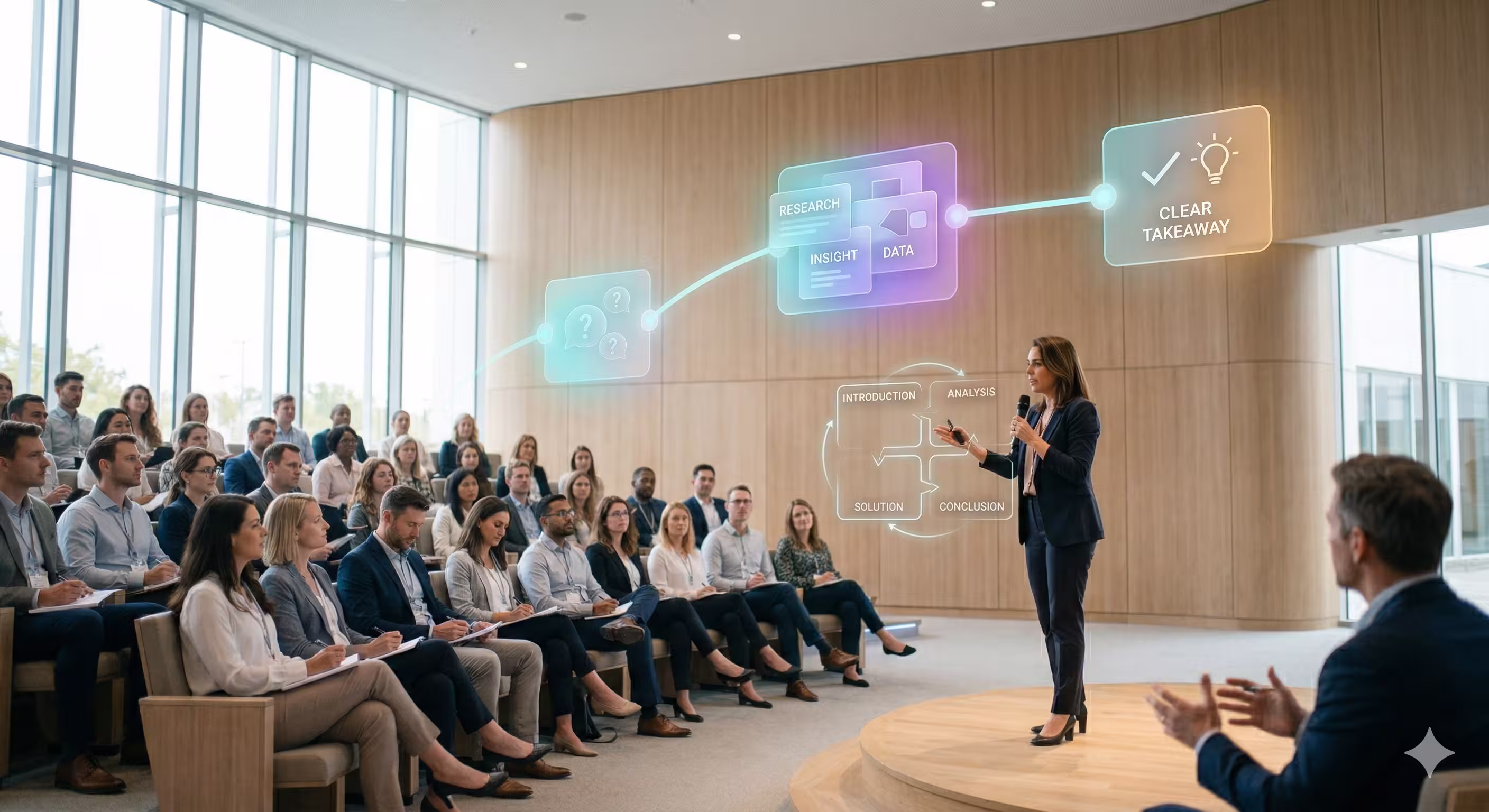 Bright conference space with speaker and audience, guided by subtle holographic nodes forming a structured presentation pathway.