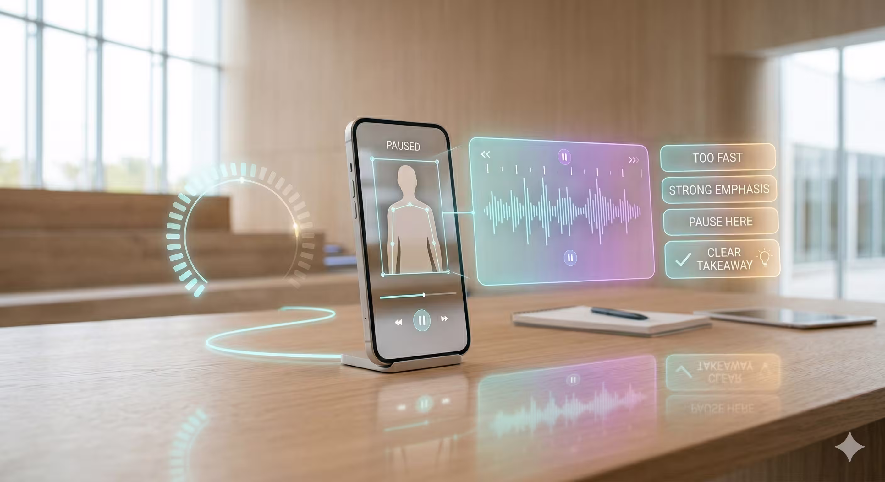 Upright smartphone in a bright minimal setup projecting holographic feedback panels and progress indicators for presentation practice.