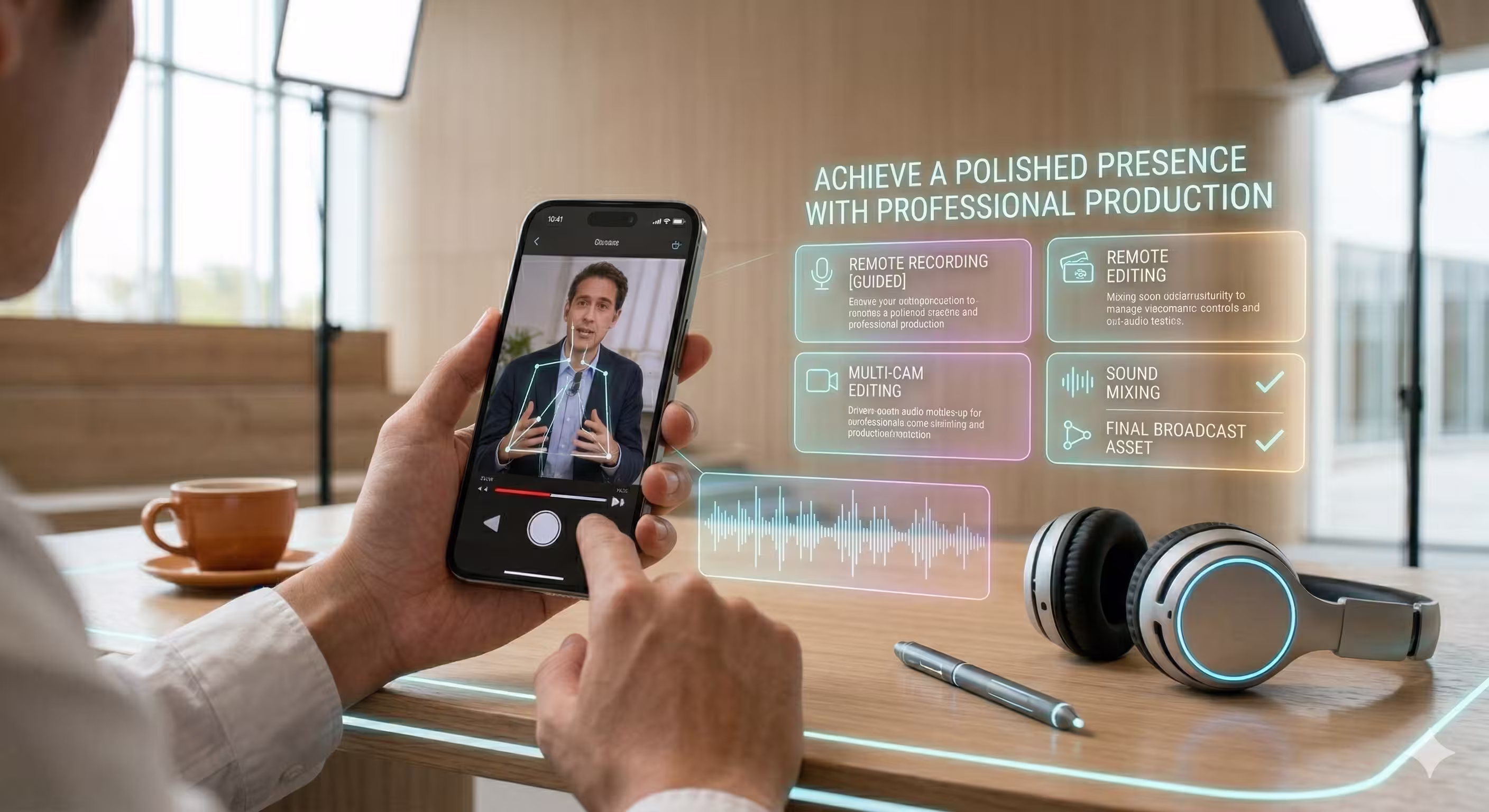 Person watches public speaking video on smartphone, with a checklist notebook, pen, and headphones.