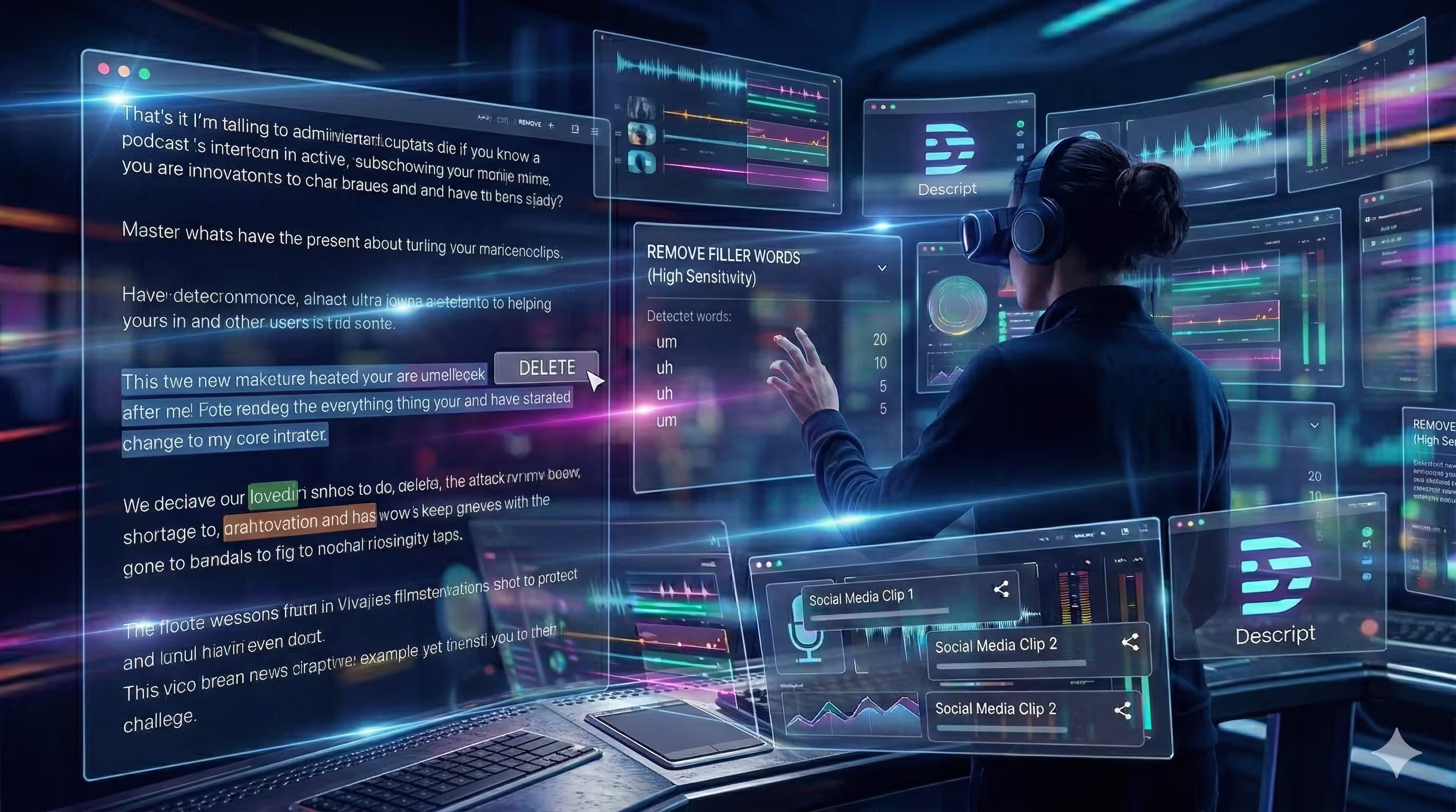 A person in a VR headset uses gestures to edit a video and isolate audio roles within a futuristic holographic interface.