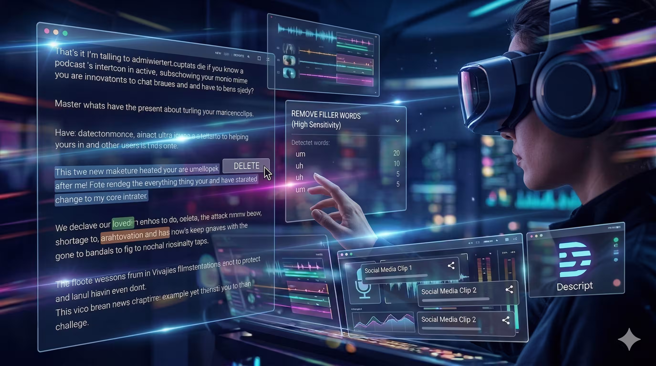Close-up of a futuristic podcast editor in a VR headset using holographic text-based interfaces to edit audio content.
