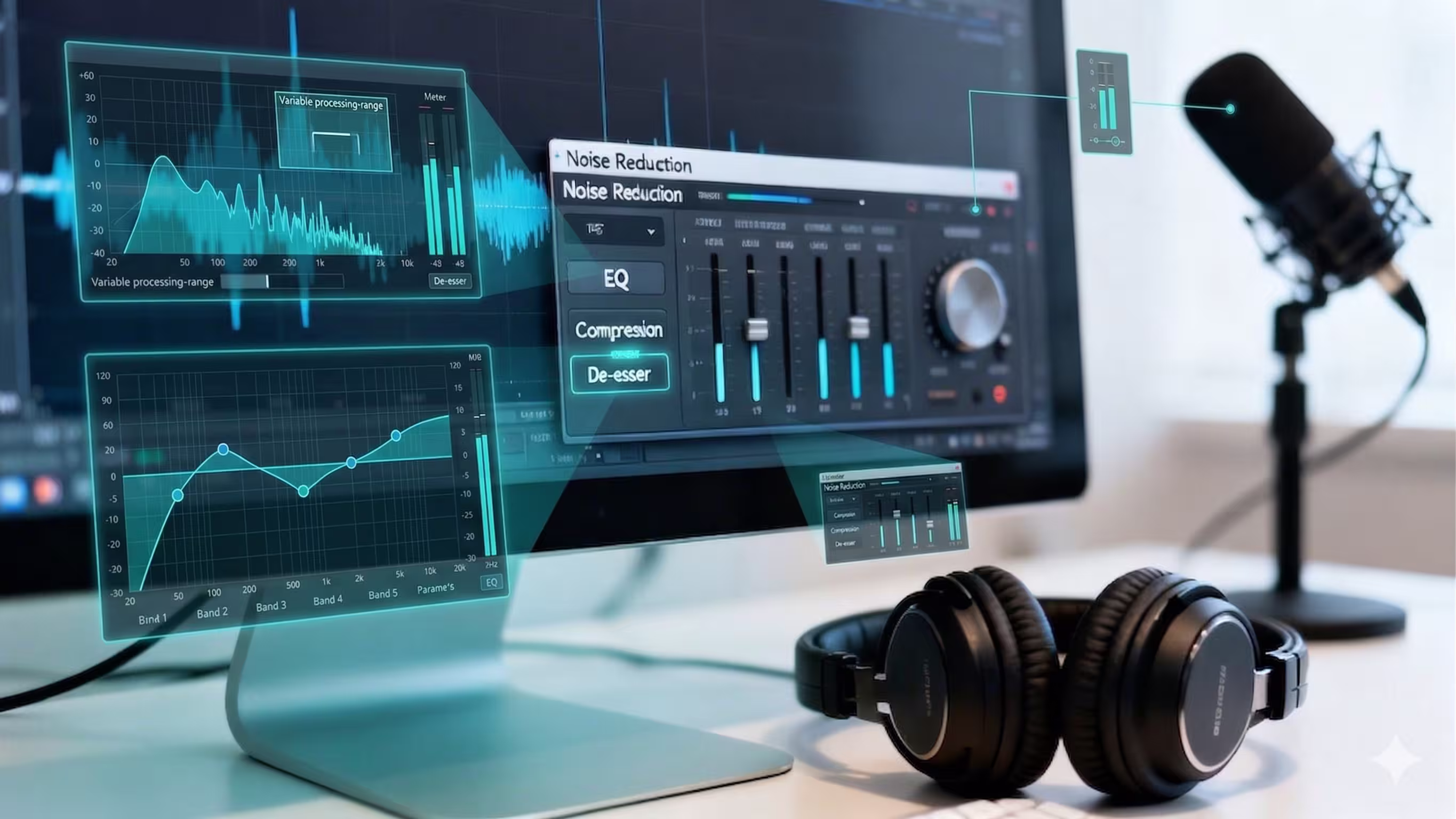 A computer monitor displays audio editing software with noise reduction, EQ, and compression settings, next to headphones and a microphone.