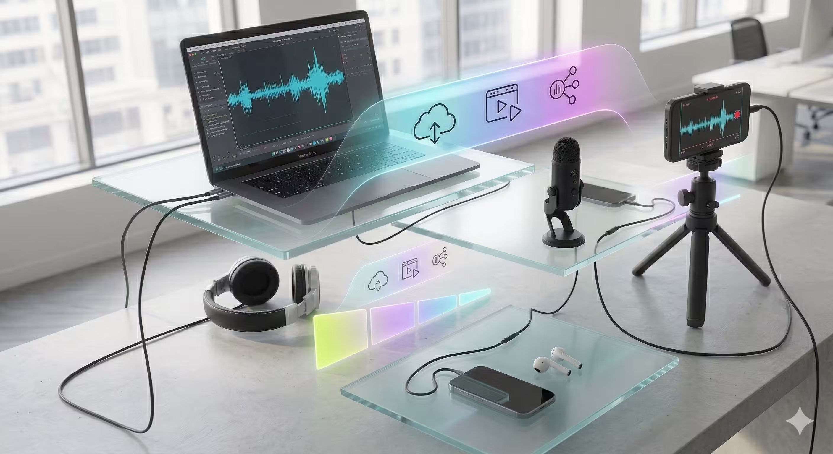 A multi-tiered glass and concrete display in an office shows a podcast recording setup with a laptop, microphone, smartphone on a tripod, and headphones, with holographic data icons floating between them.