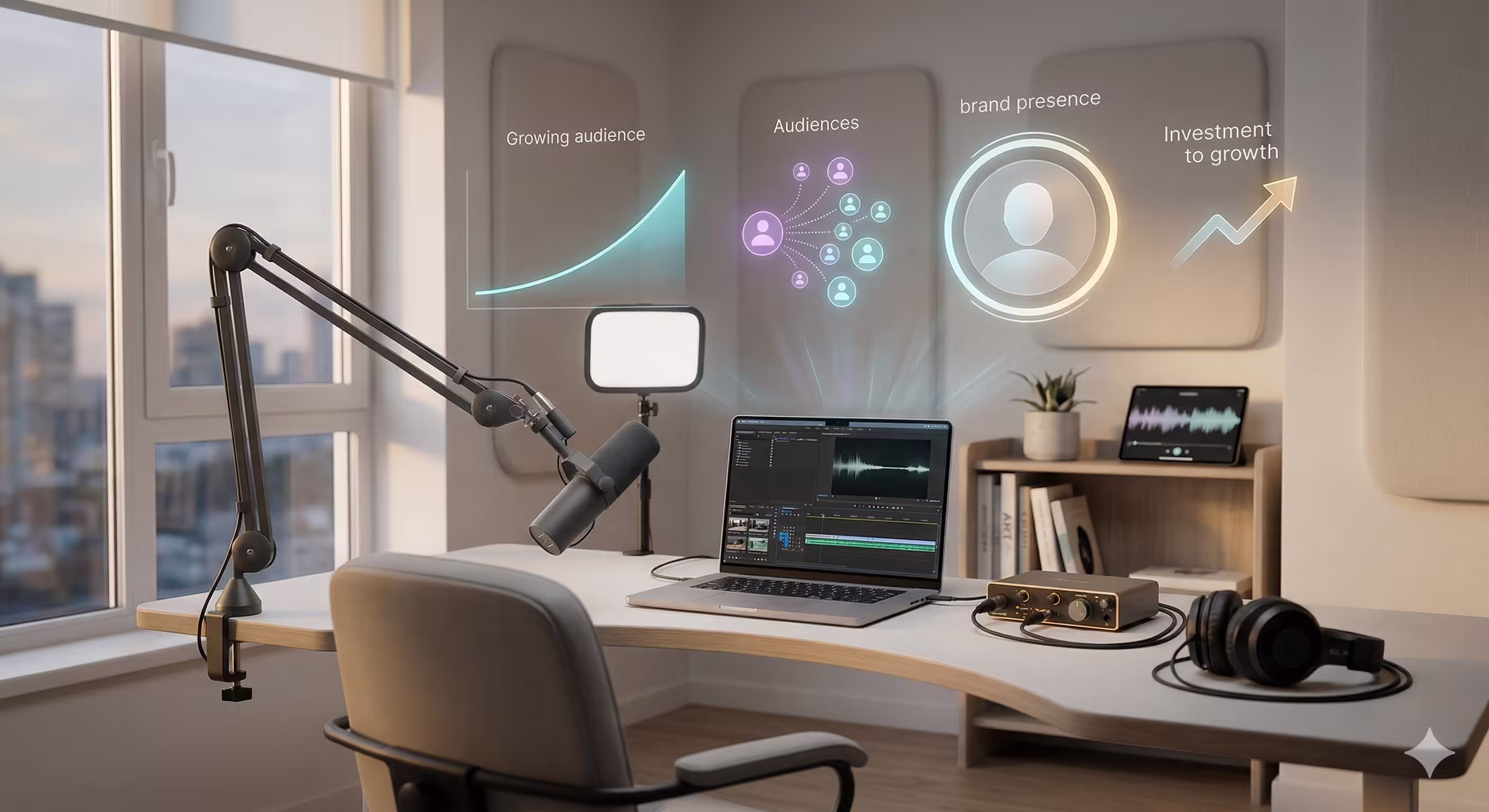 A modern, cinematic workspace setup for podcasting featuring a broadcast microphone and laptop, complemented by glowing holographic growth charts and audience icons floating above the desk.