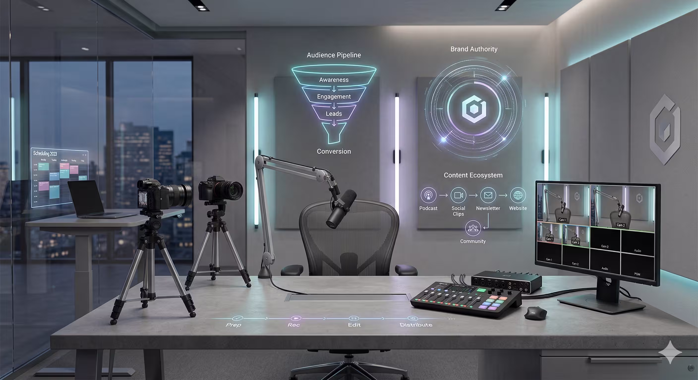 An enterprise-level video podcast studio featuring a multi-camera setup and professional control surface, enhanced by sophisticated holographic overlays of a content ecosystem and audience funnel.