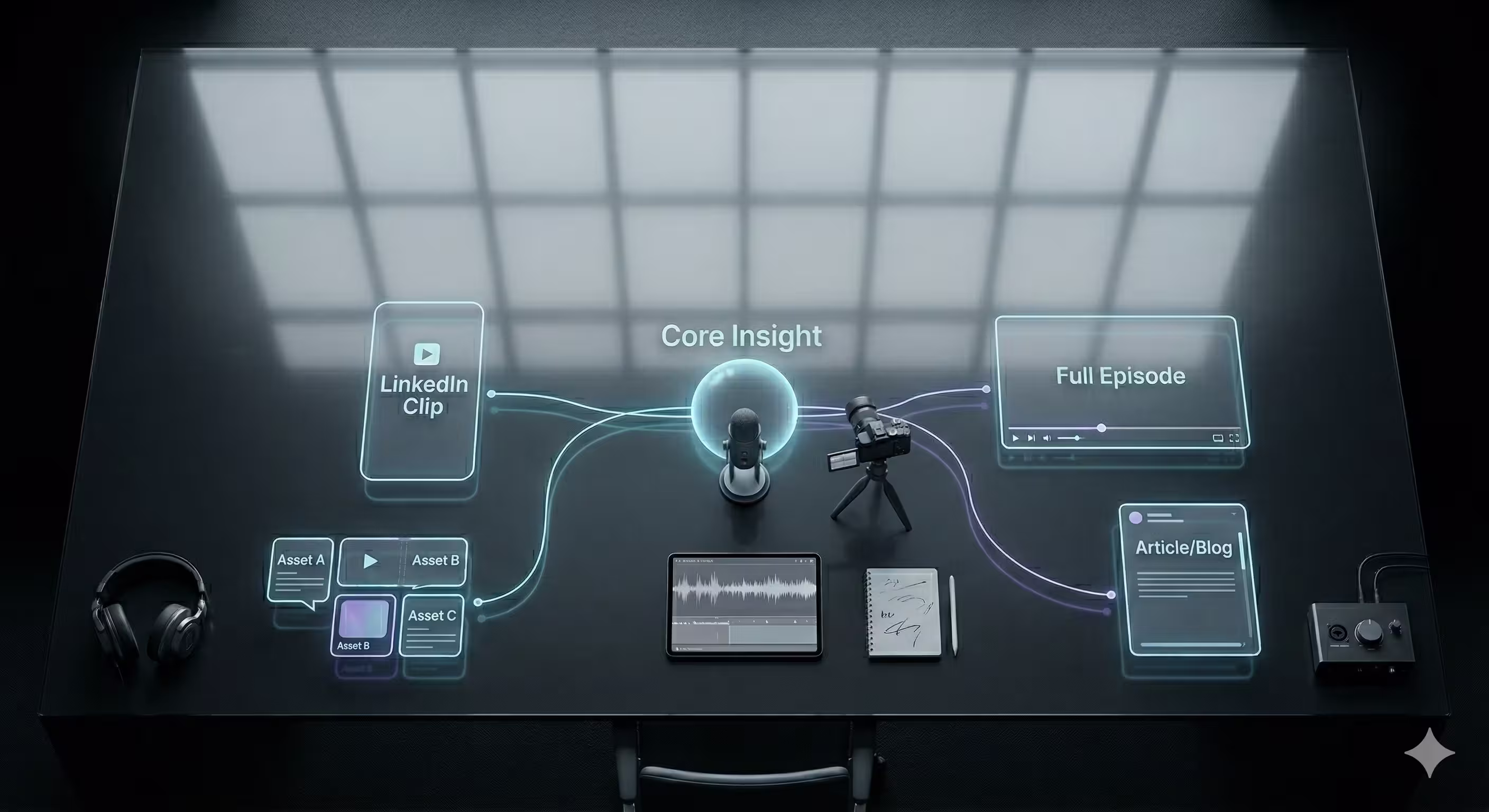 Top-down cinematic desk with one microphone branching into holographic content formats, illustrating multi-platform content repurposing from a single source.