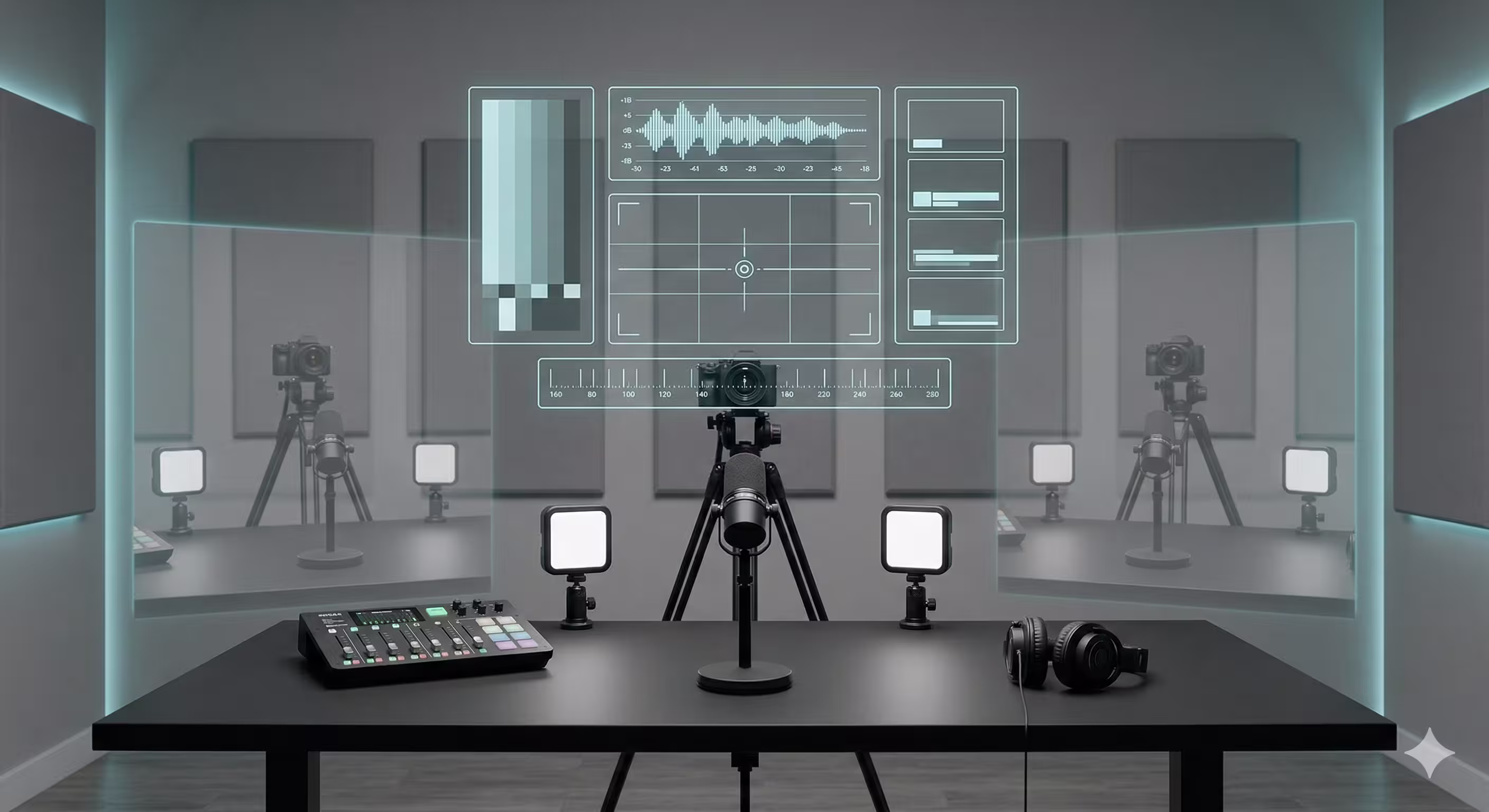 Symmetrical studio setup with ghosted duplicate frames and technical hologram overlays, representing consistent production standards and repeatable branding.