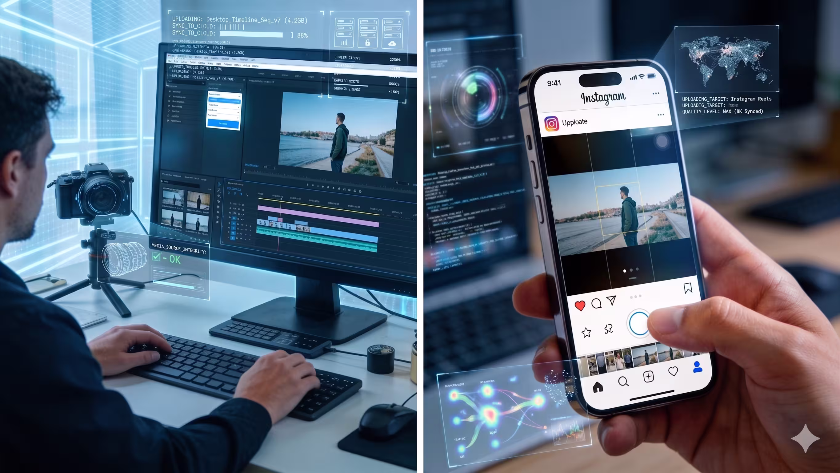 A split-screen comparison showing a perxson editing video on a desktop and uploading content via smartphone.