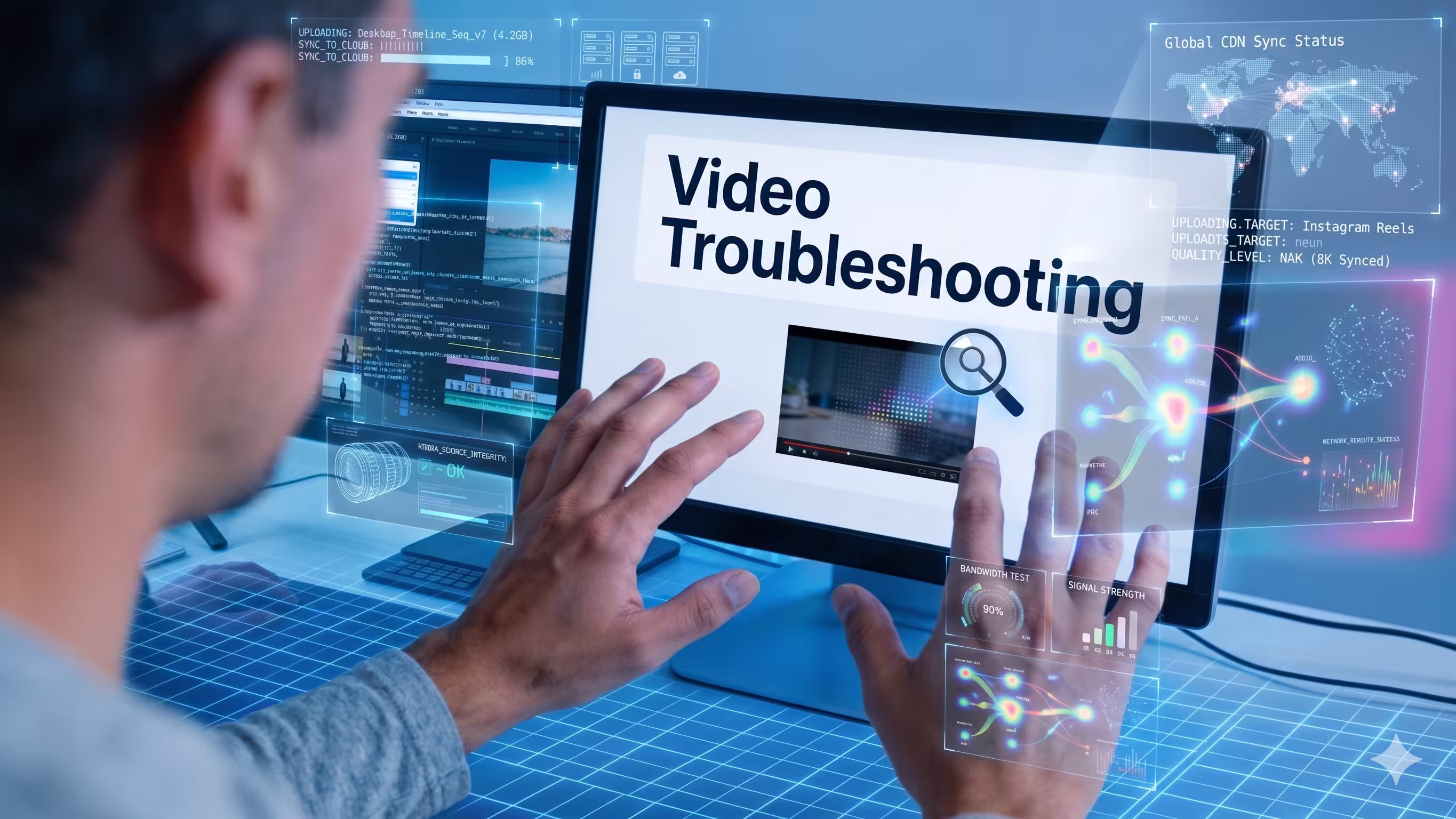 A person viewing a video troubleshooting guide on a computer monitor to resolve playback or technical issues.