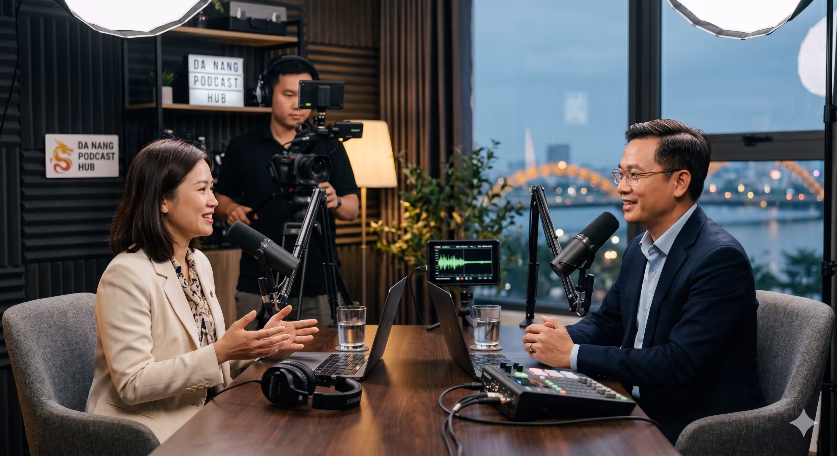 A professional man and woman being interviewed in a well-lit studio with microphones and video recording equipment.