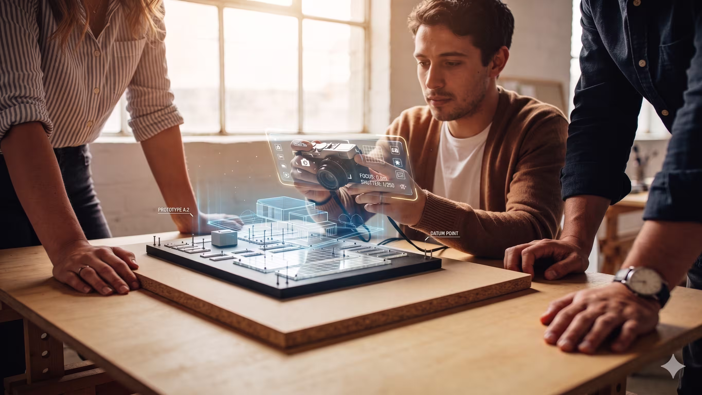 A group of professionals collaborating over an architectural model while taking photos with a digital camera.