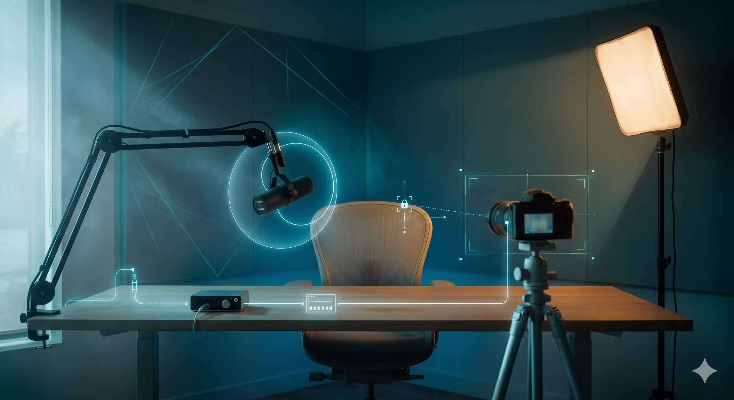 A professional podcast recording setup with a camera, microphone, studio lighting, and audio equipment on a desk.