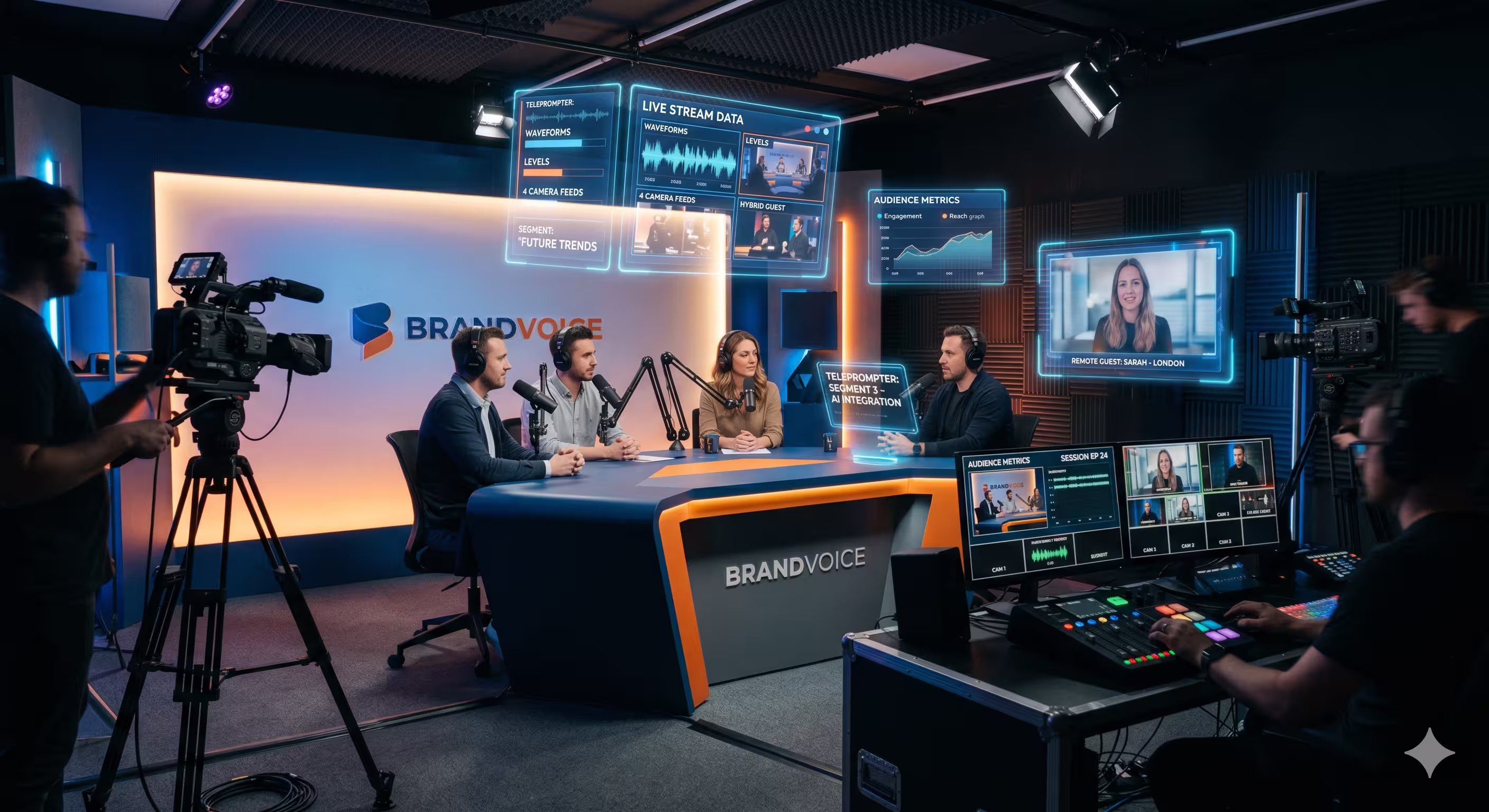 A cinematic high-tech enterprise brand studio featuring a professional crew and hosts at a podcast desk accented by floating holographic data displays and live remote feeds.