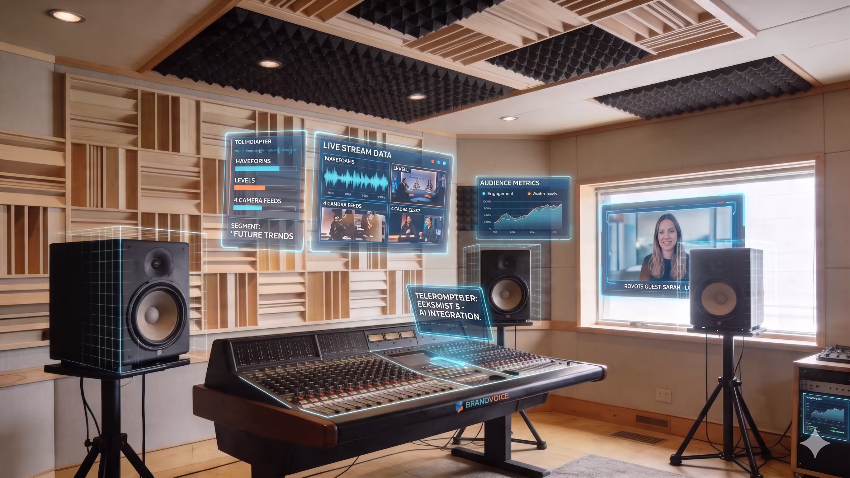 A professional recording studio control room featuring a large mixing console and high-quality monitor speakers.