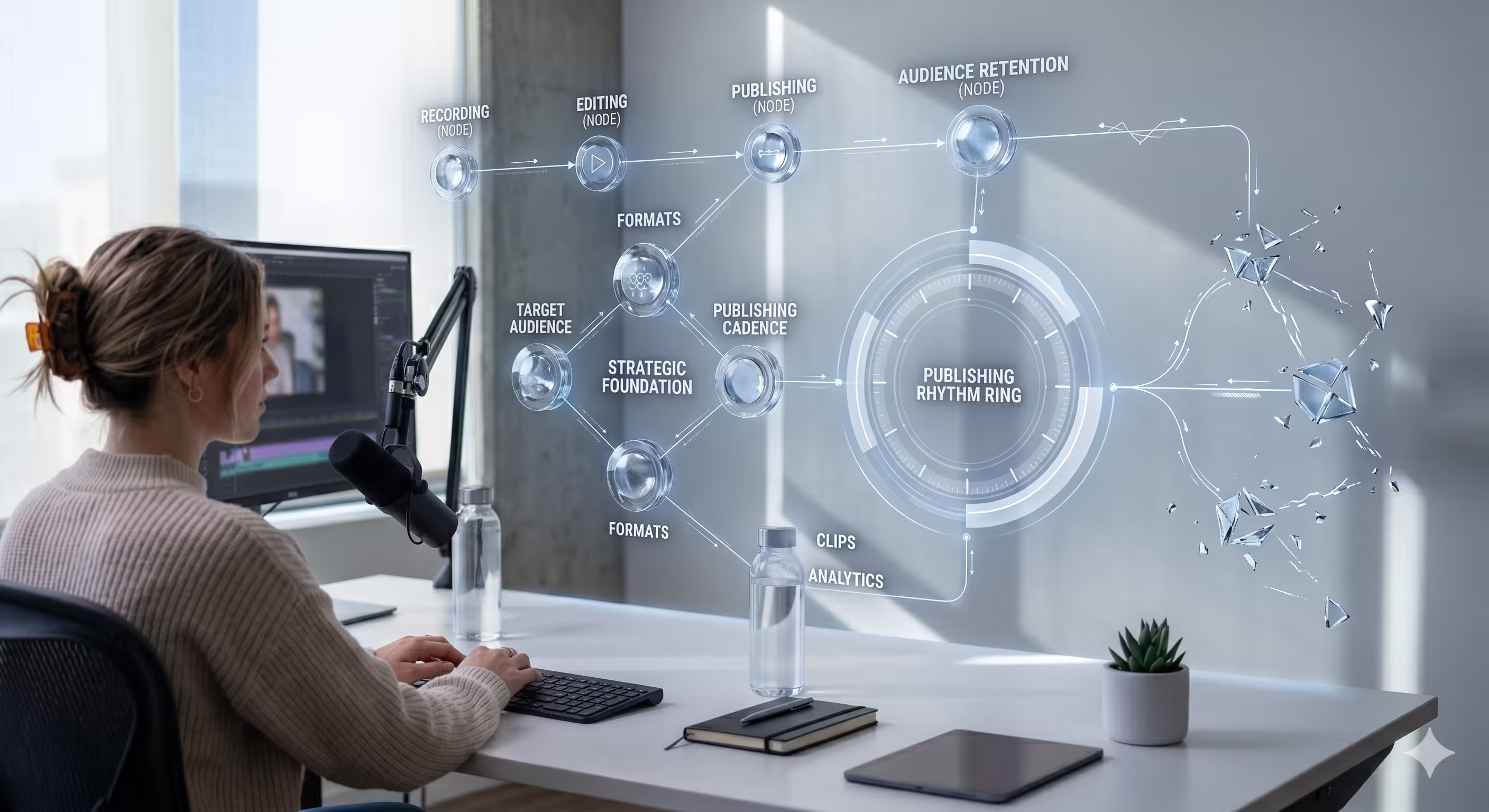 A woman working at a minimalist workspace while viewing an intricate, floating holographic diagram representing strategic media framework nodes and a central publishing rhythm ring.