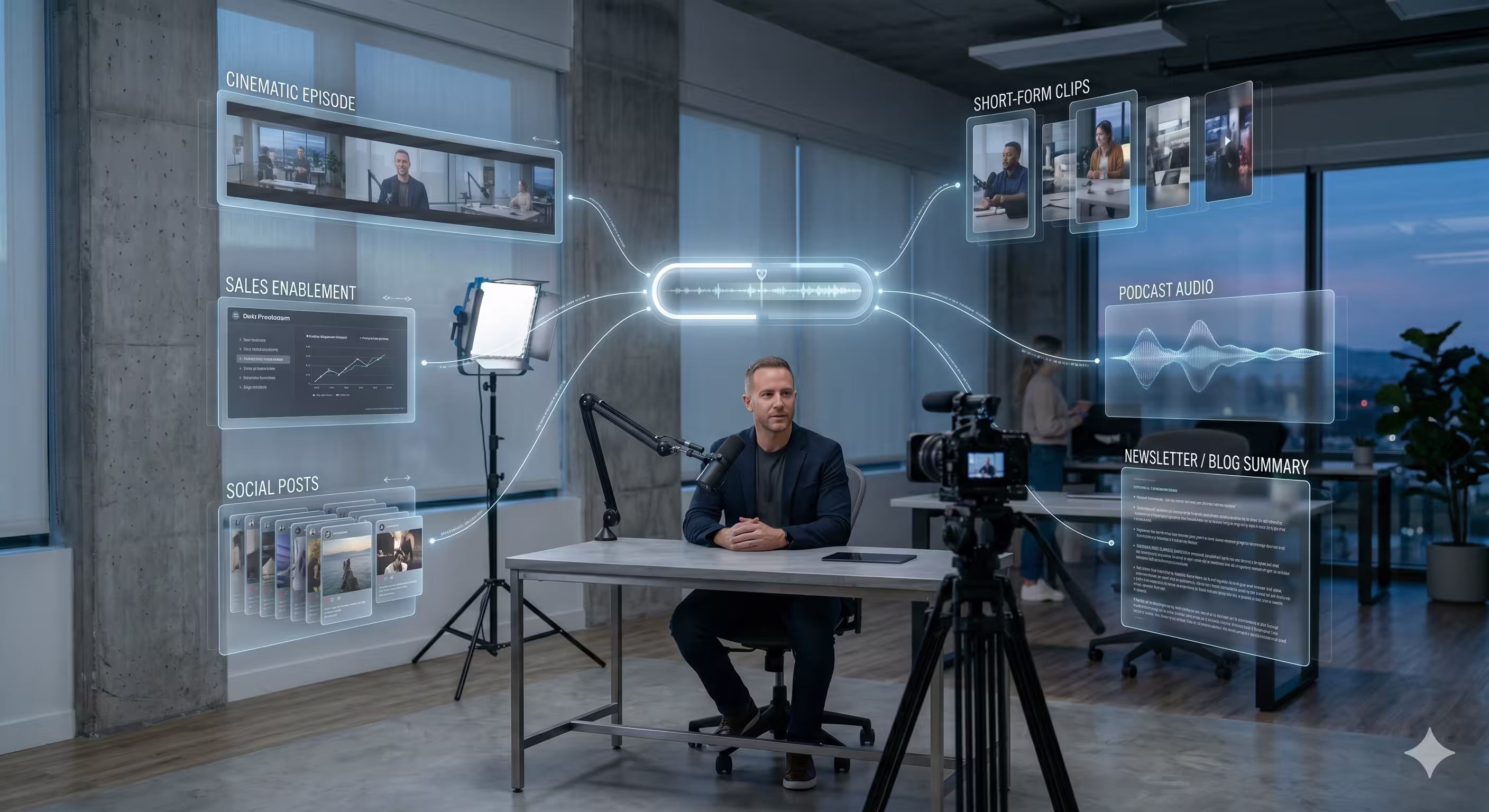 A man sitting at a modern studio desk with a microphone and camera, surrounded by floating, glass-like holographic displays that map out a media ecosystem including cinematic episodes, short-form clips, and podcast audio.