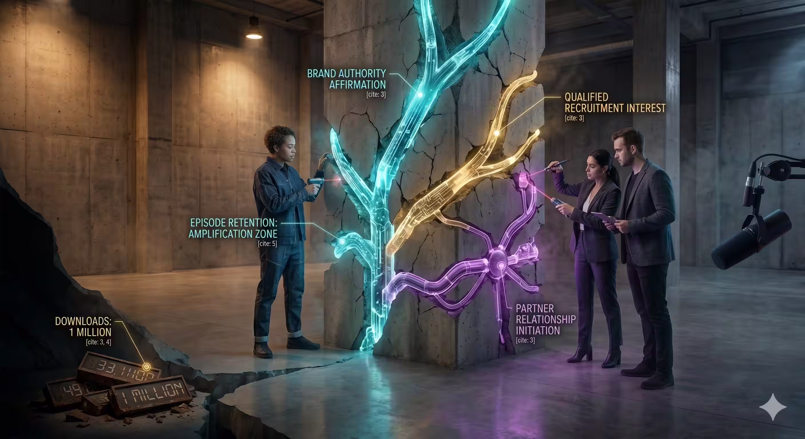 A team of podcast strategists uses laser instruments to measure luminous, architectural growth patterns emerging from a raw concrete column, representing advanced business analytics over basic download metrics.