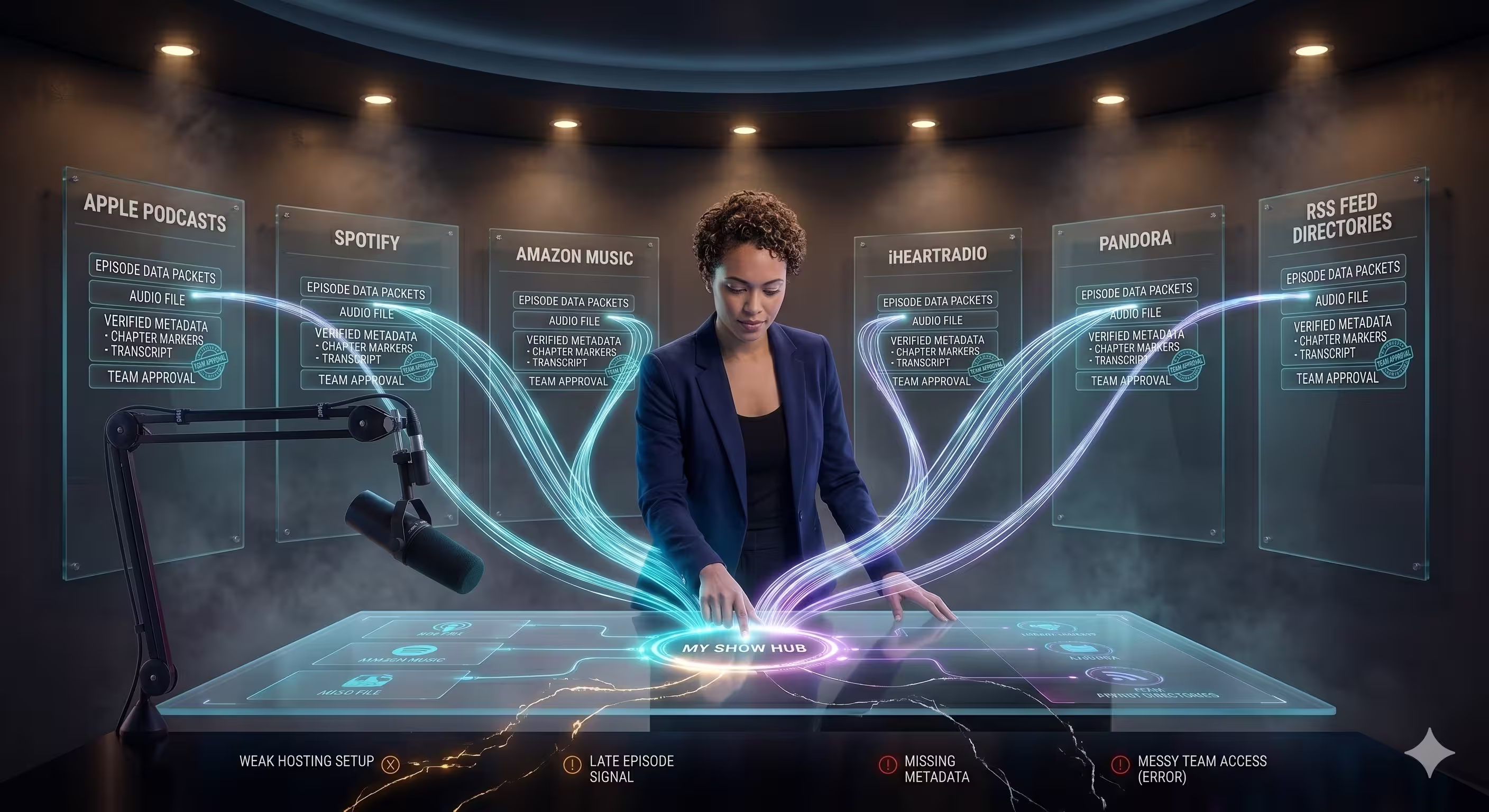 A woman manages a futuristic podcast hub, sending data streams to diverse distribution platform panels.