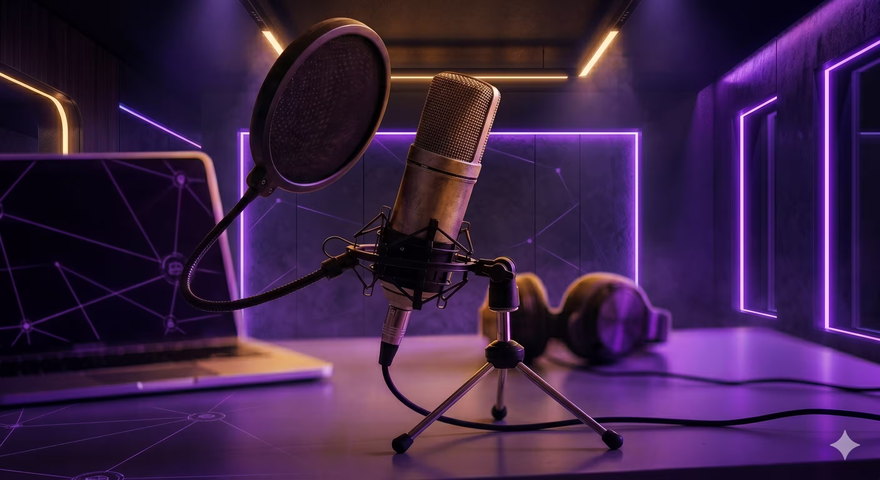A professional microphone with a pop filter, laptop, and headphones on a white desk for podcasting.