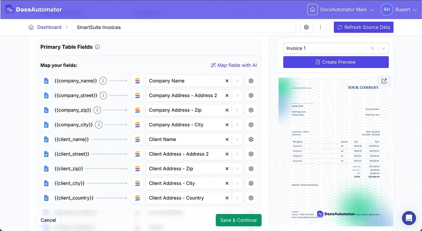 SmartSuite to PDF select data source map data preview