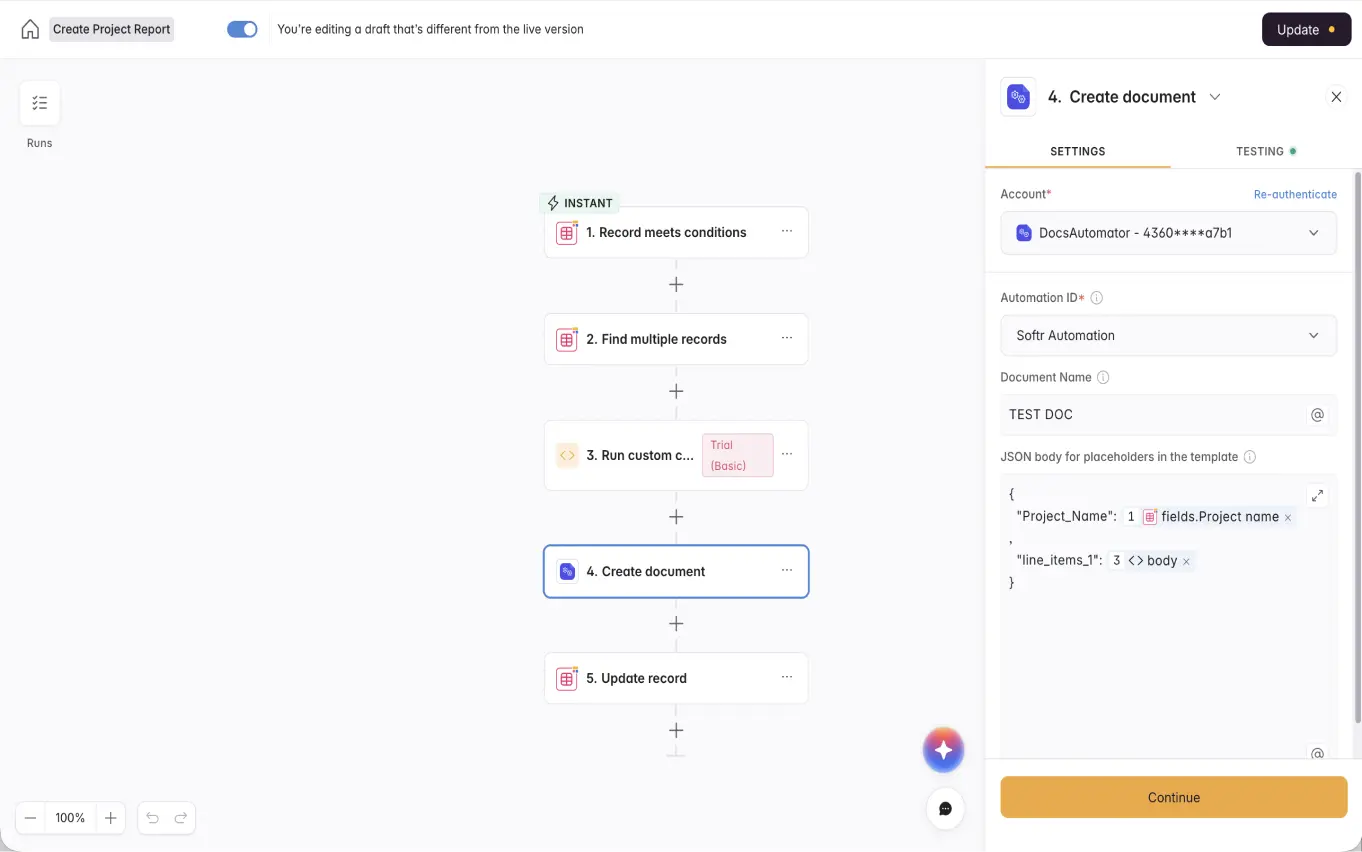 Softr to PDF select data source map data preview