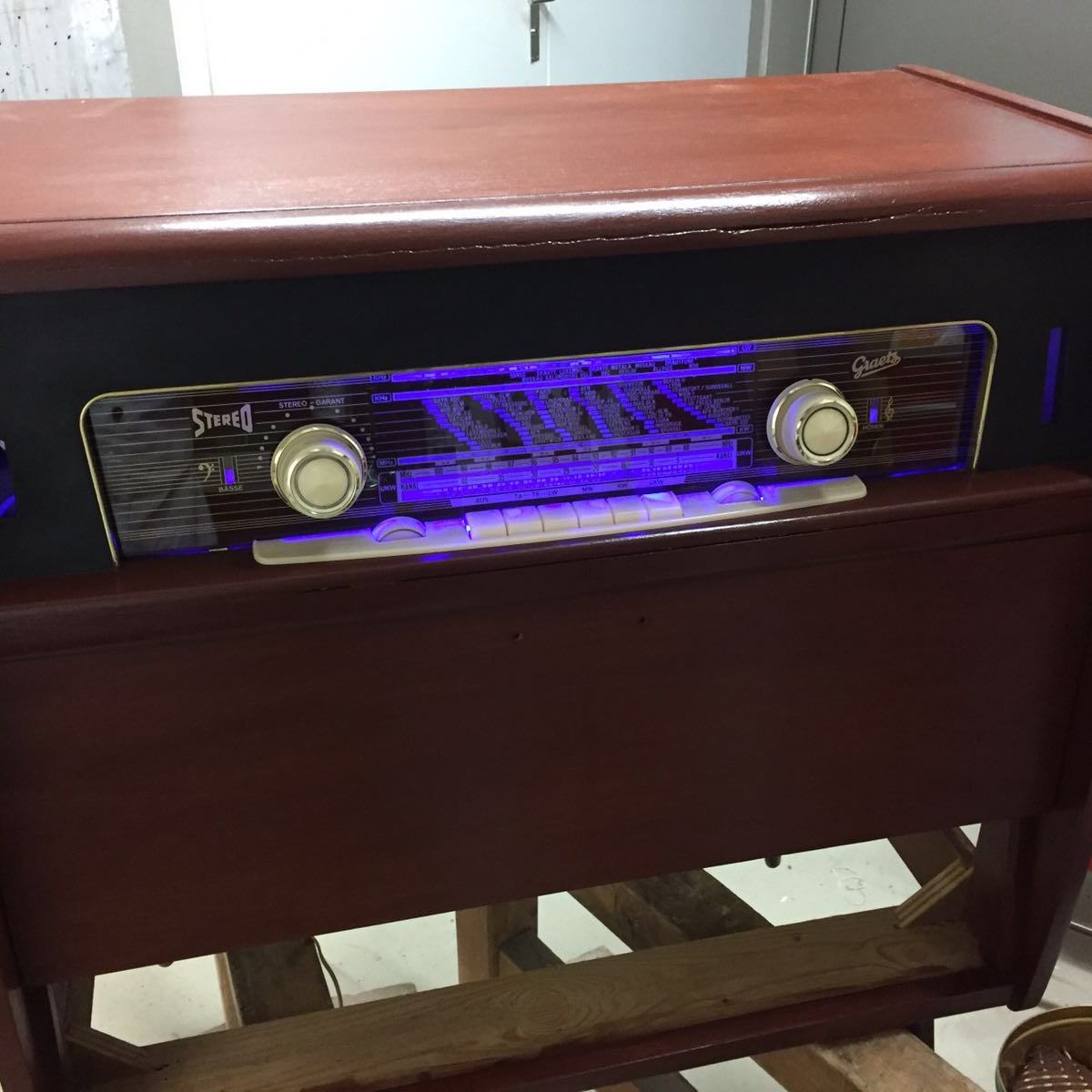 Restored radio, warm interior lighting