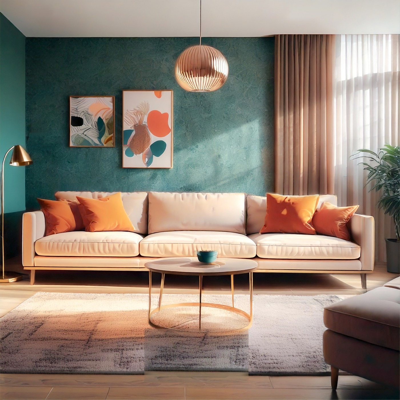 Living room interior, teal wall and gold accents
